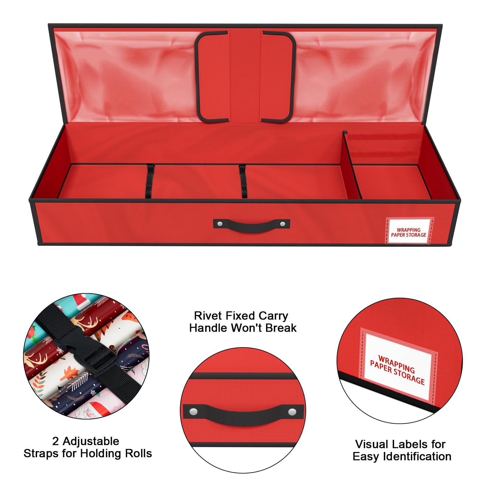 KYEVIS Borsa per carta da regalo natalizia con tasche multiple, adatta per 24 rotoli, scatola organizer per decorazioni natalizie per fiocchi, etichette, forbici e nastri (rosso)
