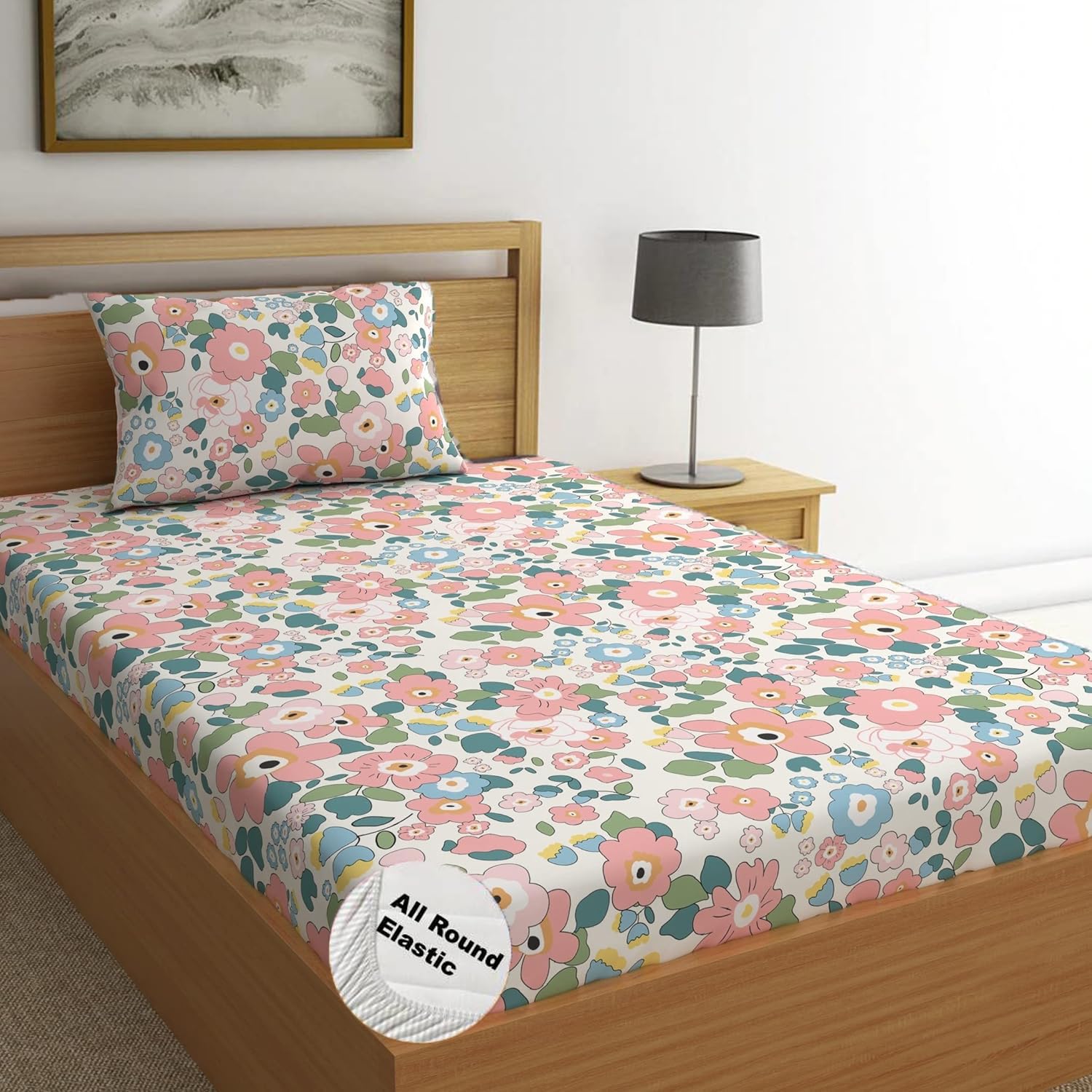 DECOMIZER 300 TC Cotton Feel Glace Cotton Elastic Fitted All Around Printed Full Length Single Bed Bedsheet with 1 Pillow Cover Fits Upto 6 inches Mattress,Size- 42x75x8 Inches,Pink Flower