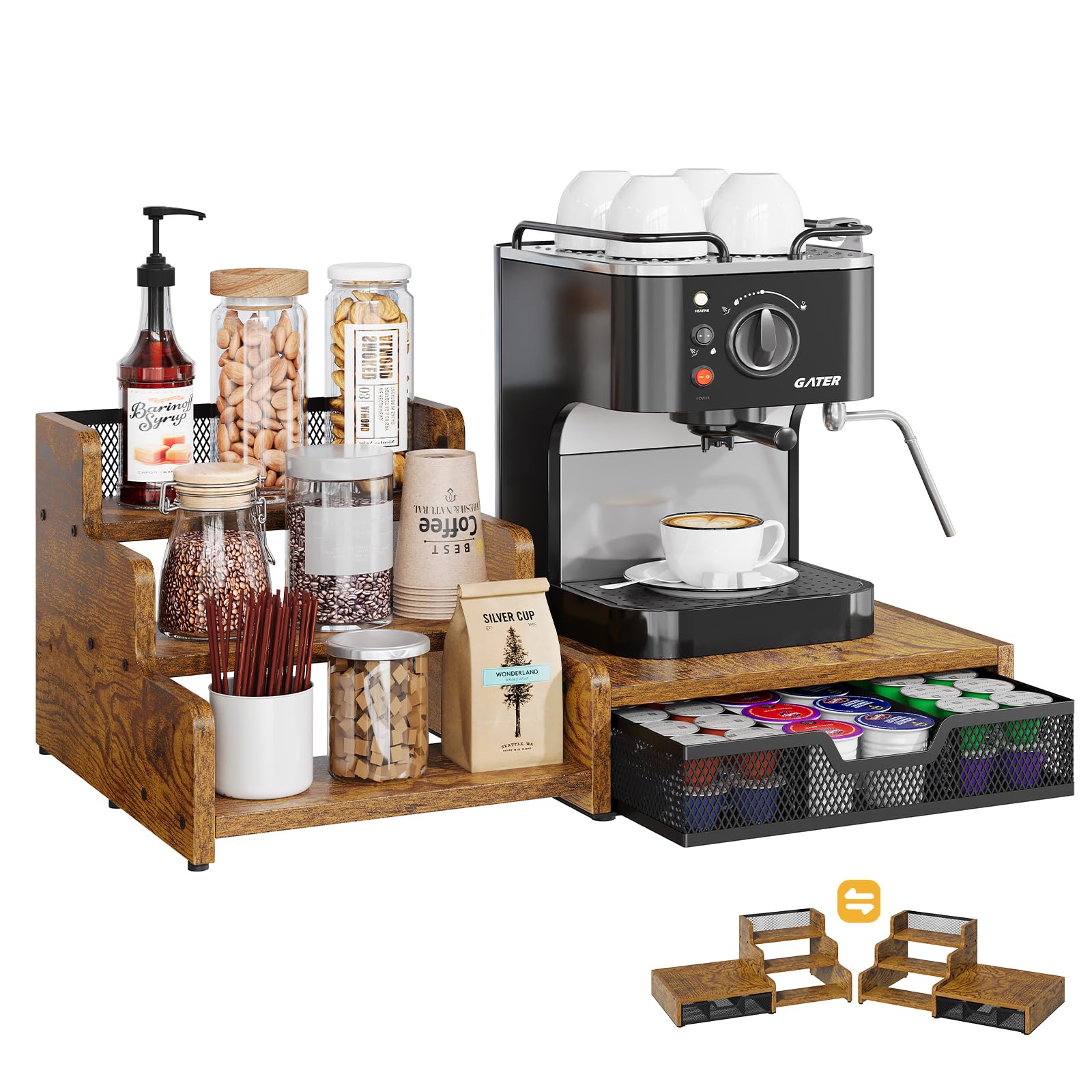 Bliesosfud Coffee Station Organizer with K Cup Holder, 28 Pod Capacity,3-Tier Syrup Rack with Coffee Pod Holder Drawer, Coffee Bar organizer