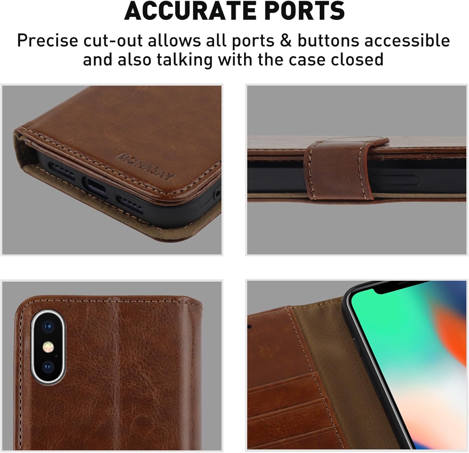 MONASAY Wallet Case Compatible for iPhone X/iPhone Xs, 5.8-inch, [Glass Screen Protector Included] [RFID Blocking] Flip Folio Leather Cell Phone Cover with Credit Card Holder,Brown - Image 6