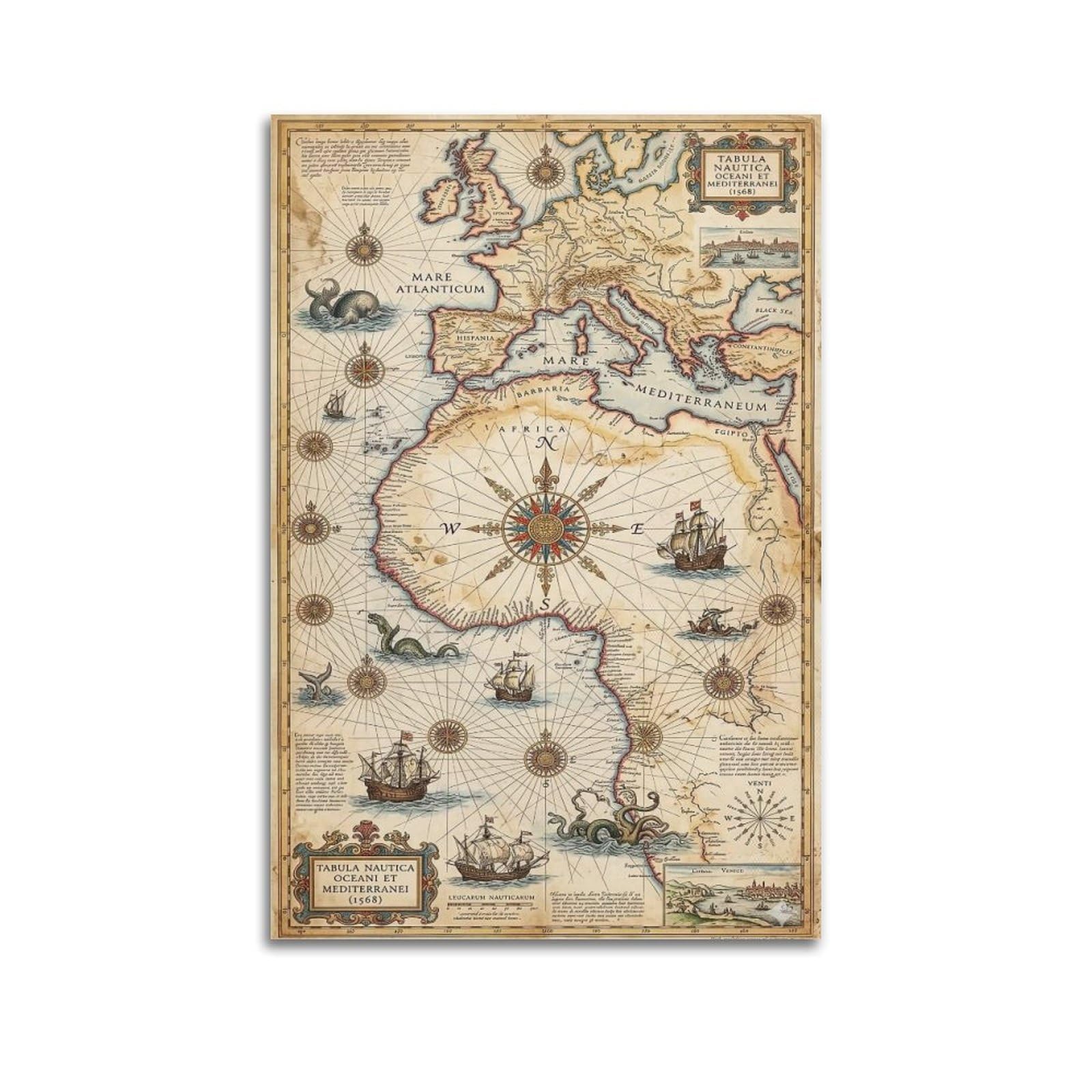OKAHYS Vintage Old World Sea Map Artwork Poster Decorative Painting Canvas Wall Artworks Picture 24x36inch(60x90cm)