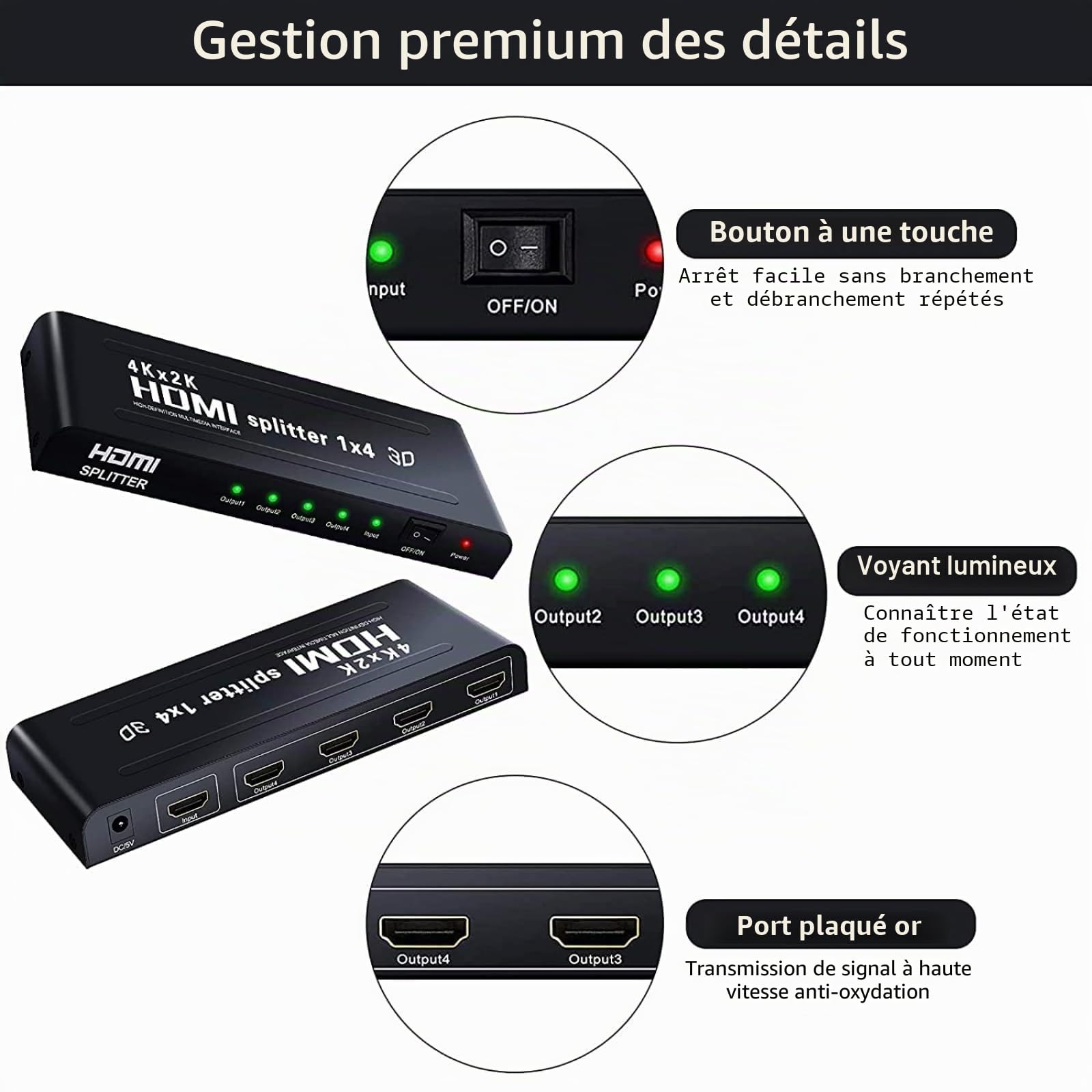 1x4 Splitter HDMI,Ozvavzk Répartiteur HDMI 3D 1 Entrée 4 Sorties Distributeur HDMI Soutien 4K Supporte PC Box HDTV DVD Multimédia Écran Projecteur