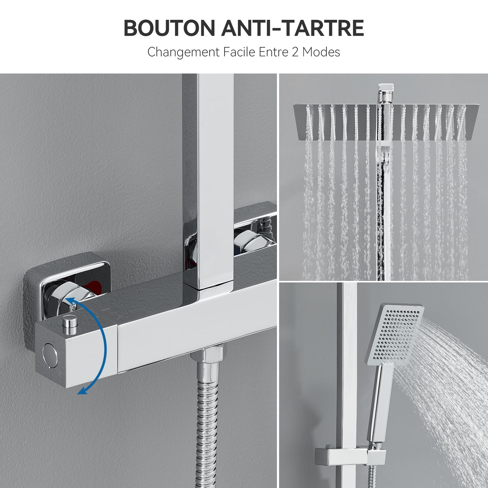 Auralum Colonne de Douche Chromé Thermostatique avec Mitigeur en Laiton, Ciel de Douche 30x30cm, Pompe à Main Carrée, Réglable en Hauteur - Kit Complet Salle de Bain