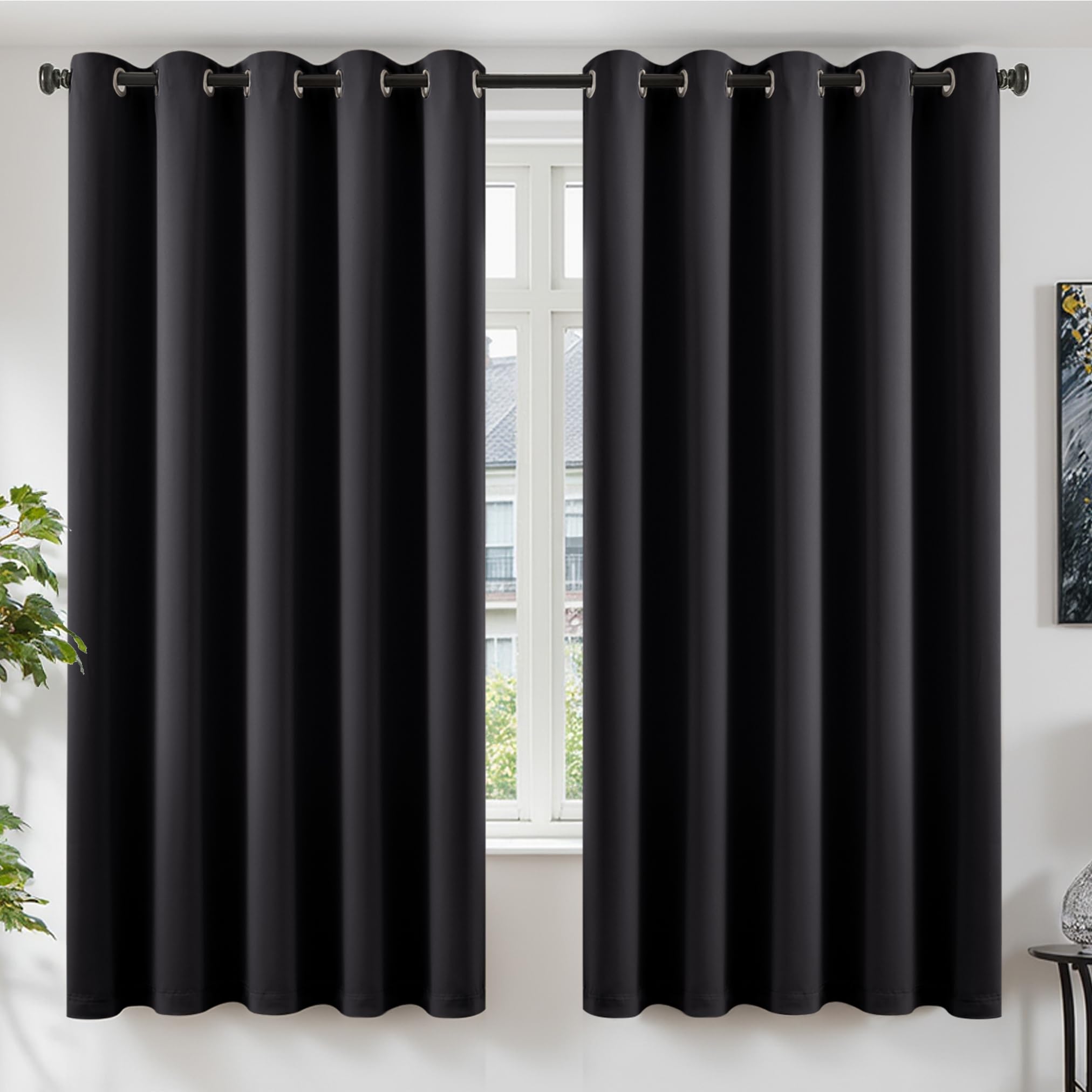 TOPICK Thermal Insulated Blackout Curtains for Bedroom, W66 x L72 Inch Ring Top Room Darkening Drapes for Windows, Eyelet Black Out Curtains, Black, 2 Panels — image 1