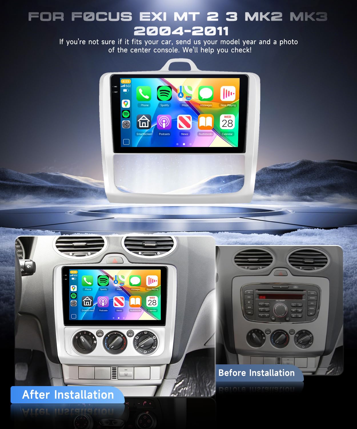 VECHTEL 4G+64G Android 15 Radio de Coche para Ford Focus Mk2 II 2 2004-2011, 9 Pulgadas Incell HD de Pantalla Táctil con Carplay Android Auto Inalámbrico GPS Wi-Fi USB Bluetooth FM RDS Cámara Trasera