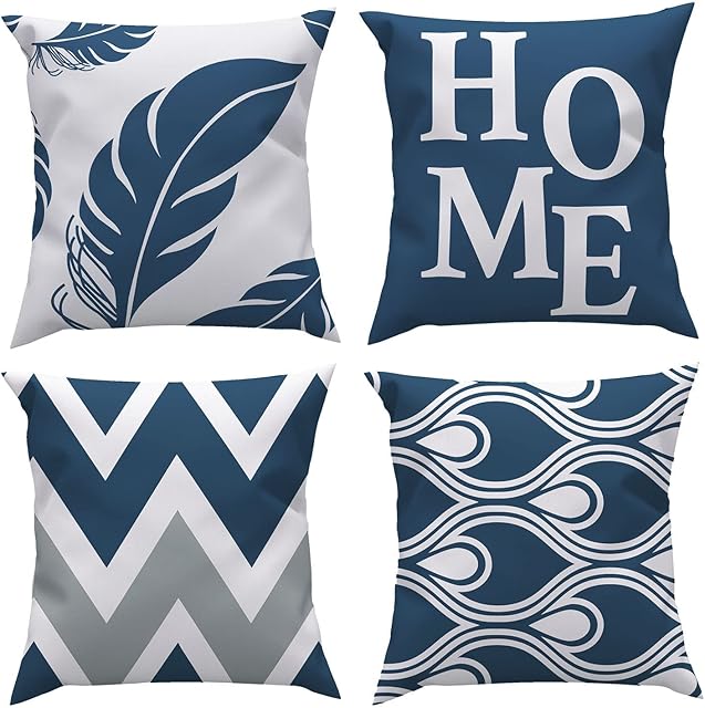 ROCK CLOUD Blue Cushion Covers 45 x 45 cm Set of 4 Decorative Throw Pillow Cover for Couch Modern Pillow Cases for Living Room Cushion Bed Outdoor Car Gray and Blue Home Decor A