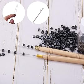 Duufin Hair Extensions Kit 500 Pcs Black Micro Ring Beads 1 Hair Extension Plier 2 Hook Needle Pulling Loop 4 Plastic Alligator Hair Clips 1 Comb and 2 Bags Black Mini Rubber Hair Elastic