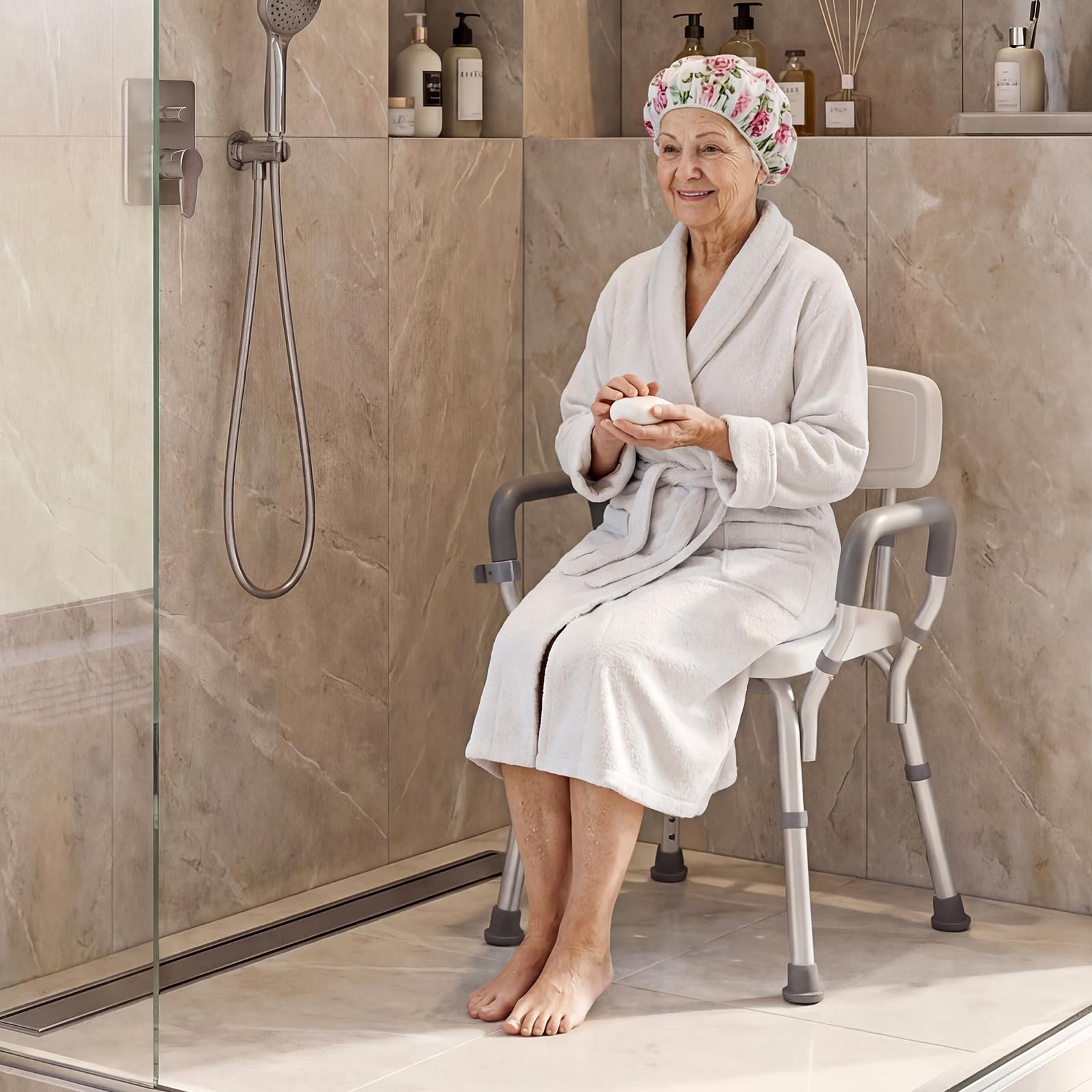 COSTWAY Silla para Ducha para Mayores, Silla de Baño con Altura Ajustable en 6 Niveles, Asiento Antideslizante, Respaldo Curvo y Apoyabrazos Acolchados, Taburete de Ducha con Marco de Aluminio
