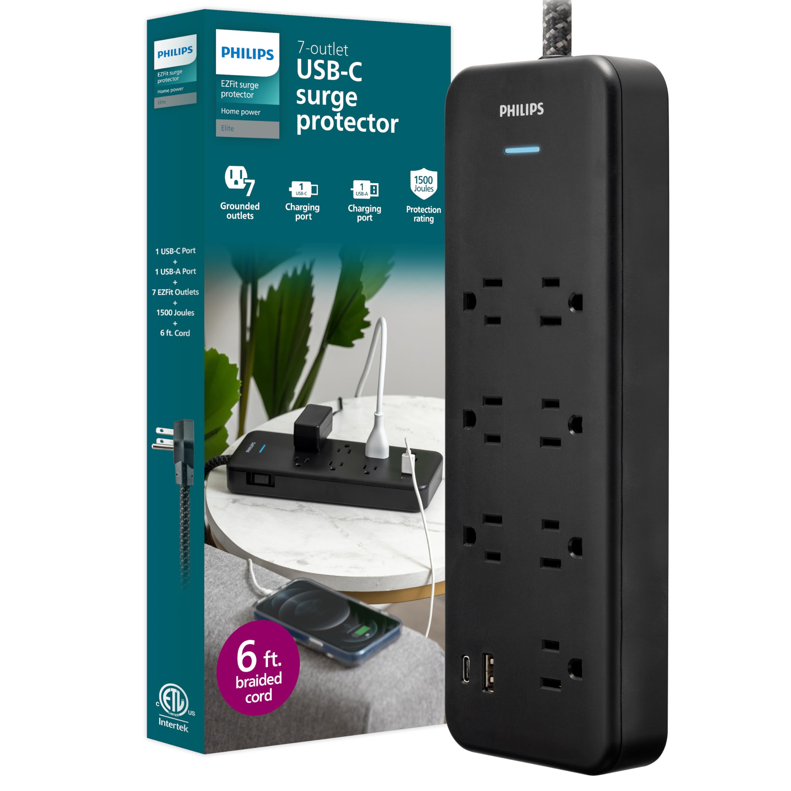 Philips 7-Outlet Surge Protector Power Strip with USB, 1 USB-A, 1 USB-C, 6 Ft Braided Extension Cord, Mutli Plug Outlet Extender, Adapter-Spaced, Charging Station, 15W, 1500 Joules, Black, SPP3703B/37