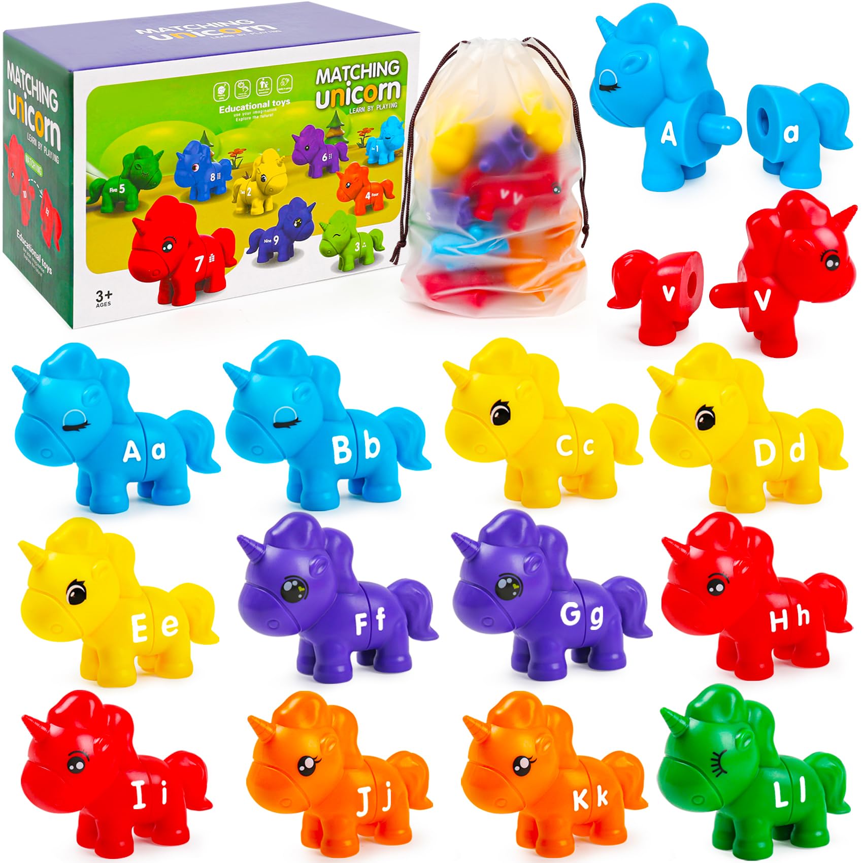 FQKIOMY Alphabet Learning Toys for Toddlers 3+ - 13-Piece Unicorn Alphabet Color Sorting ABC Matching Game,Perfect Easter Basket Stuffers Gifts for Kids Ages 3-5