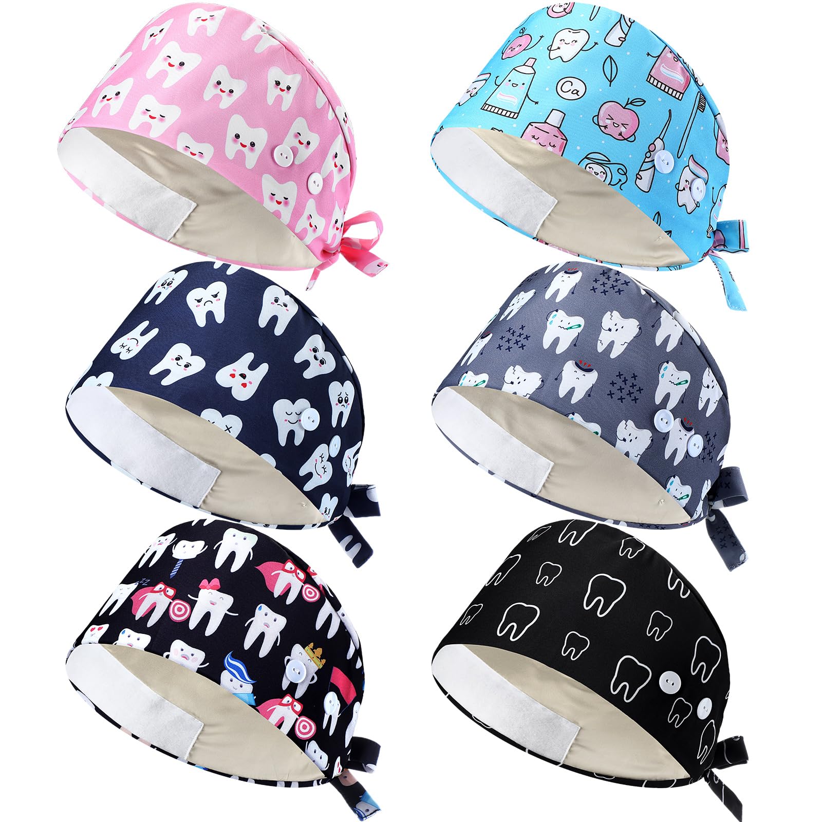 Satin Lined Scrub Caps Women Dental Nursing Hats Working Cap with Button and Tie Sweatband Back Hats