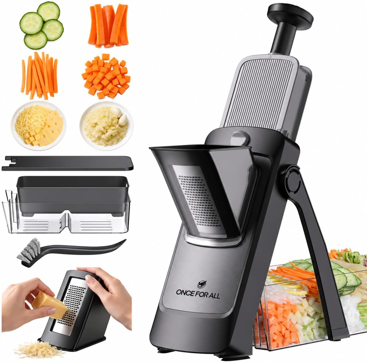 ONCE FOR ALL Safe Mandoline Slicer Pro, Veggie Slicer with Container, Black