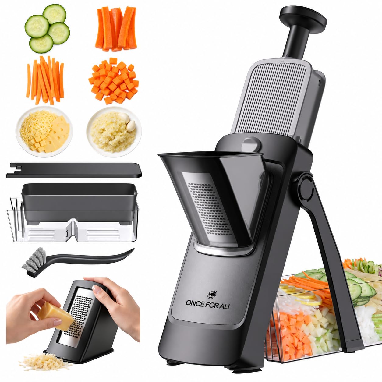 ONCE FOR ALL Safe Mandoline Slicer Pro, Veggie Slicer with Container, Black