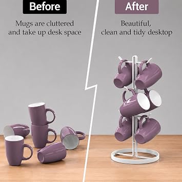 Mug Holder Tree,Coffee Mug Tree with 6 Hooks, Coffee Cup Holder,Stainless Steel Home Storage Mug Standing Rack for Big Mugs,Coffee Cup Countertop Stand Holders (White)