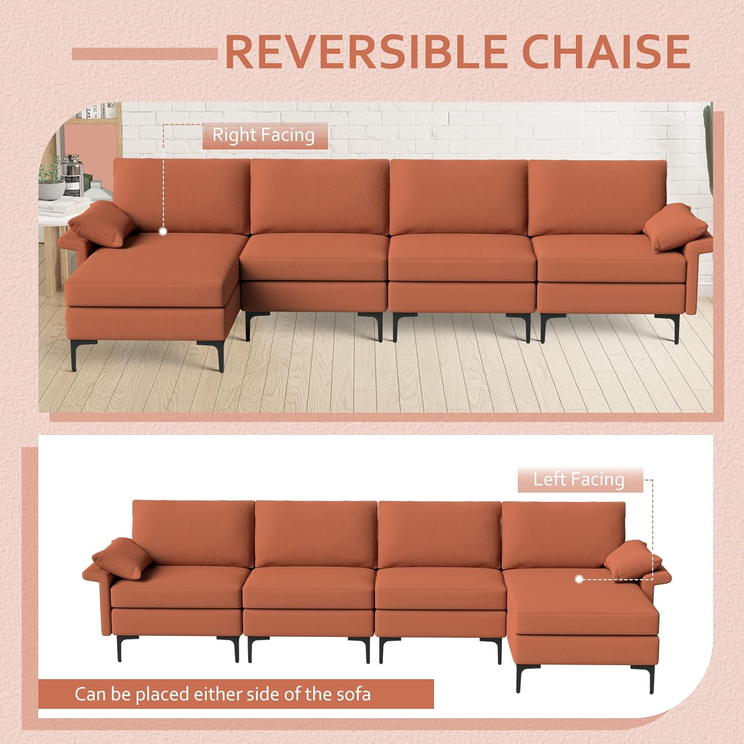 Giantex Convertible Sofa Couch, 130.5" L Sectional Sleeper with 2 USB Ports Socket, Comfy Cushion, 2 Storage Box, L-Shaped Modular Modern Sofa Reversible Chaise Lounge, Living Room Furniture, Red