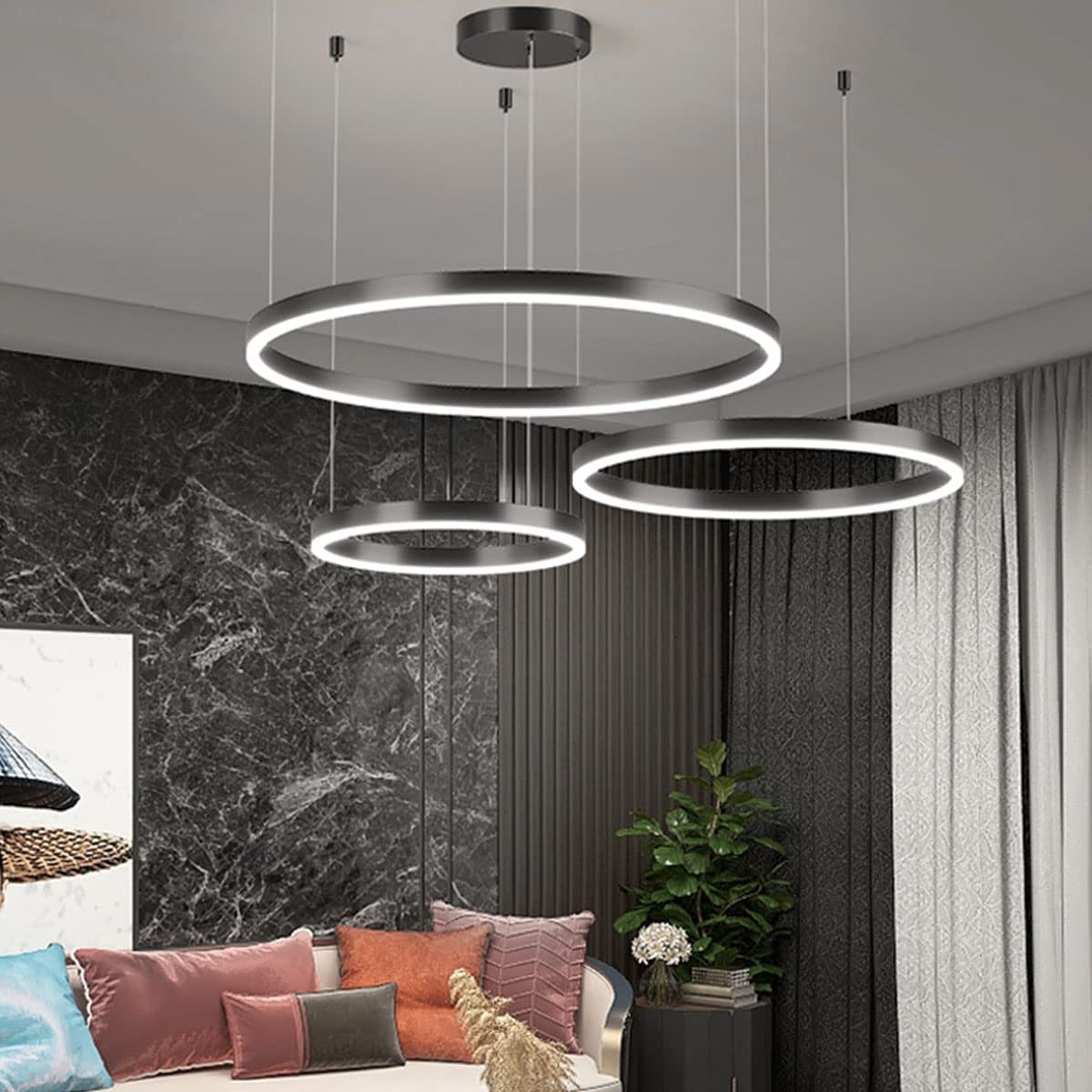 Plafonnier moderne 3 anneaux noir à hauteur réglable et intensité variable pour table à manger