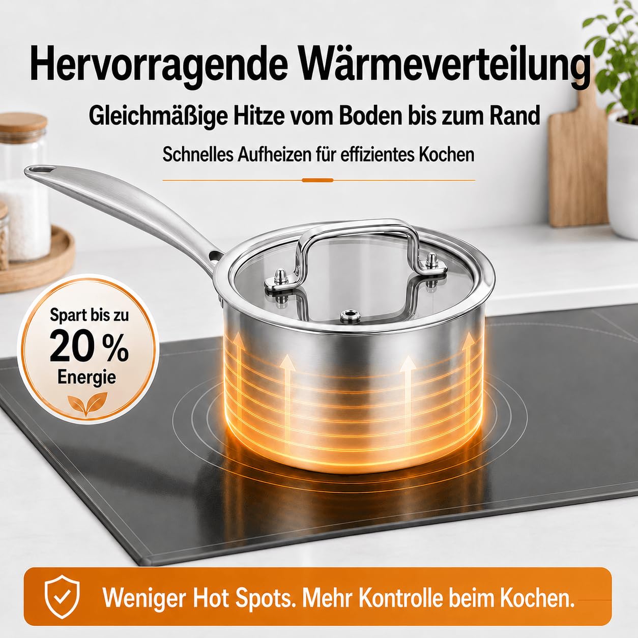 DELARLO Stielkasserolle 16 cm, 1,9 L Kochtopf mit Glasdeckel | Durchgehend 3-lagige Konstruktion, Gleichmäßiges Erhitzen, für alle Herdarten, Kühlbleibender Griff & Spülmaschinenfest