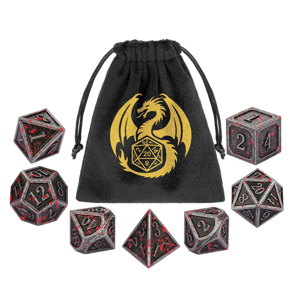 Metal Dice Set, 7pcs Polyhedral Metal DND Dice Set, D&D Gifts with Gift bag, DND Starter Set, Role Playing Board Games Accessories, Bloodstained Silver