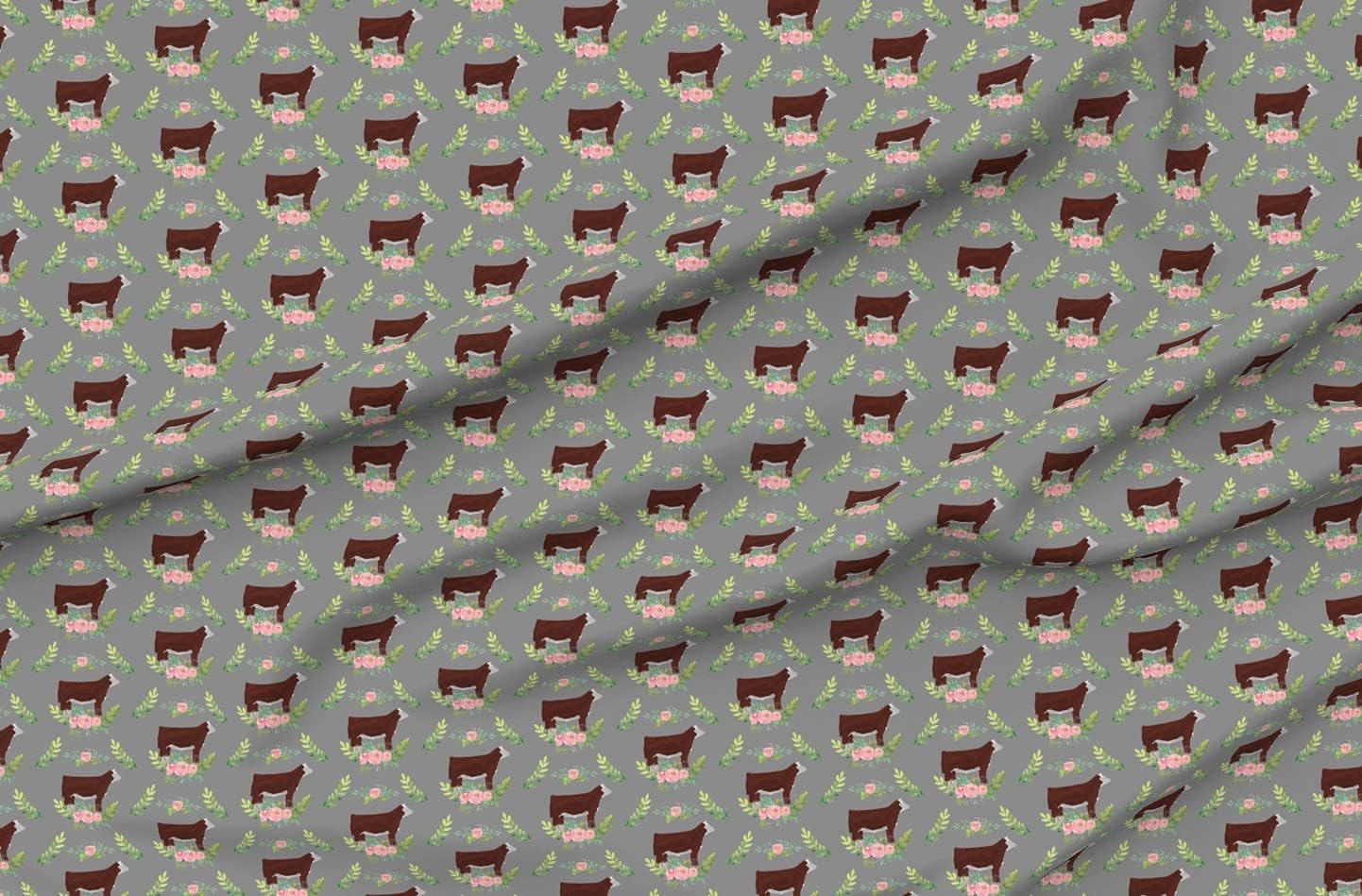 Spoonflower Fabric - Showstock Roses Hereford Steers Smaller Steer Cattle Cow Livestock Printed on Organic Cotton Sateen Fabric by The Yard - Sewing Quilting Apparel Home Decor