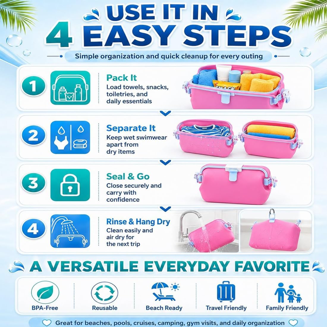 Borsa da spiaggia in silicone, custodia impermeabile con tracolla, borsa tote pieghevole, galleggiante (Pink,L)