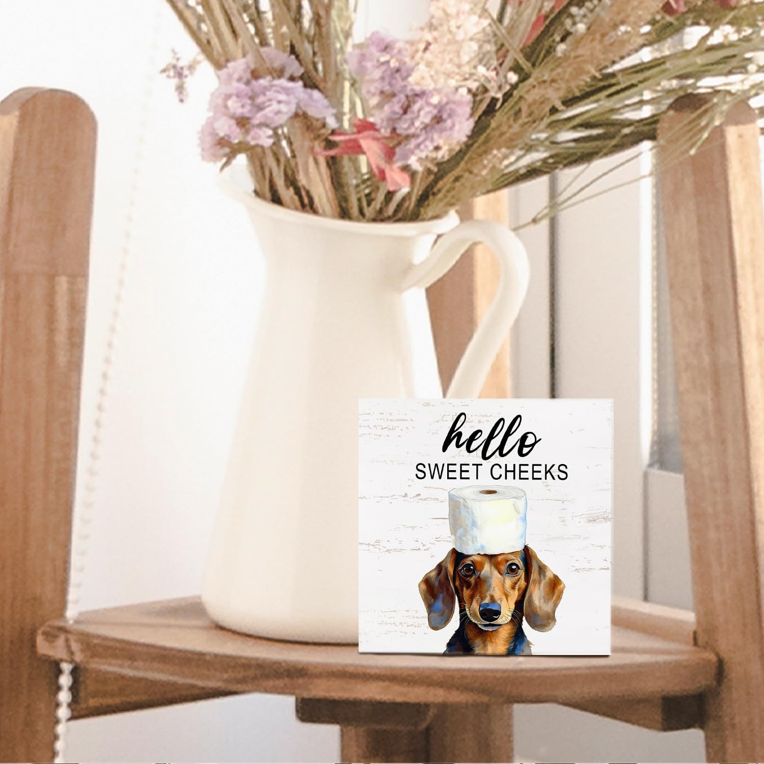Funny Dachshund Bathroom Decor - Hello Sweet Cheeks Bathroom Decor, Funny Wiener Dog Wooden Box Sign, Weiner Dog Gifts for Women, 5 X 5 Inches - Image 5