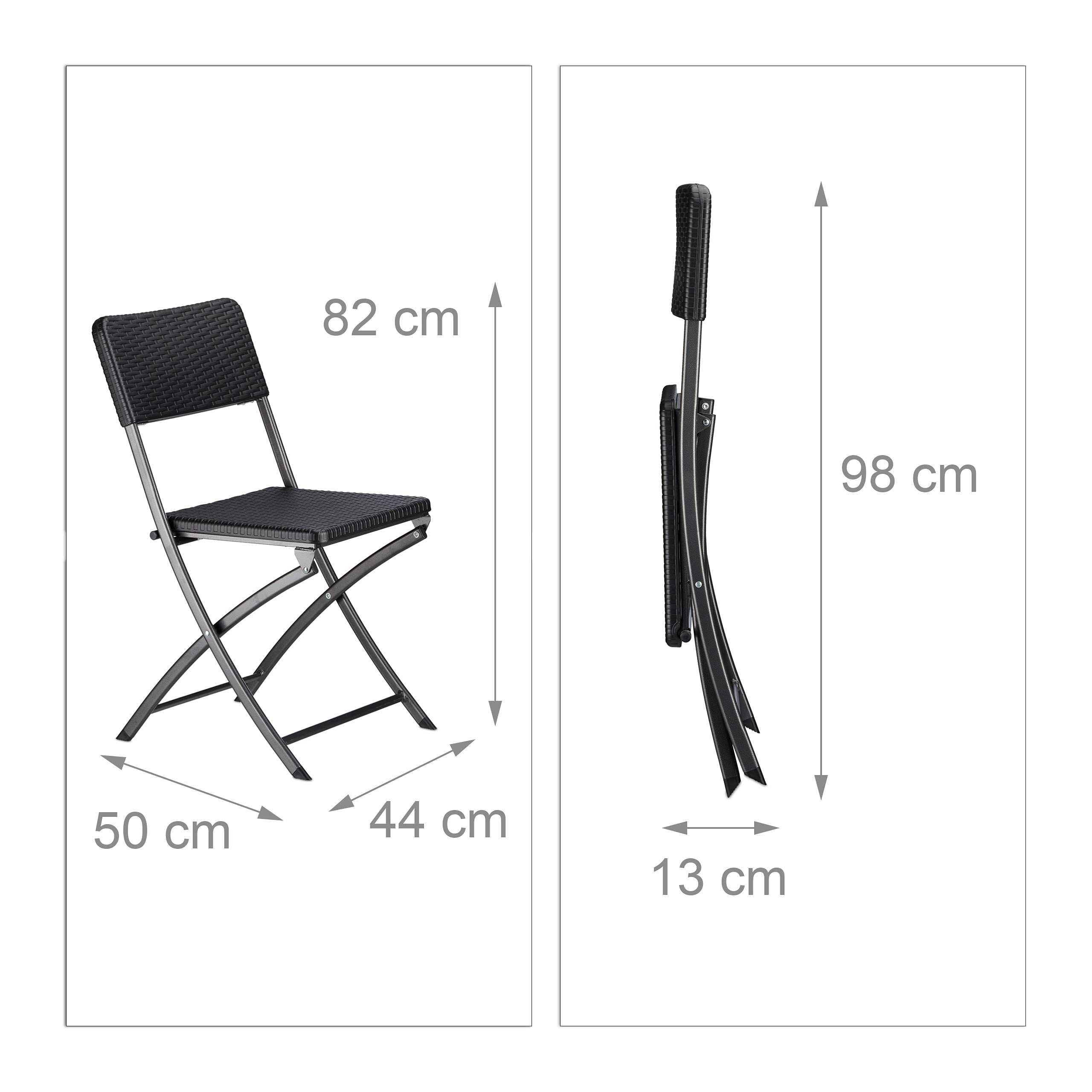 Relaxdays Set Mobili da Giardino BASTIAN, Tavolo e Sedie Campeggio, Pieghevoli, Rattan, HxLxP 75,5x60x60 cm, Nero