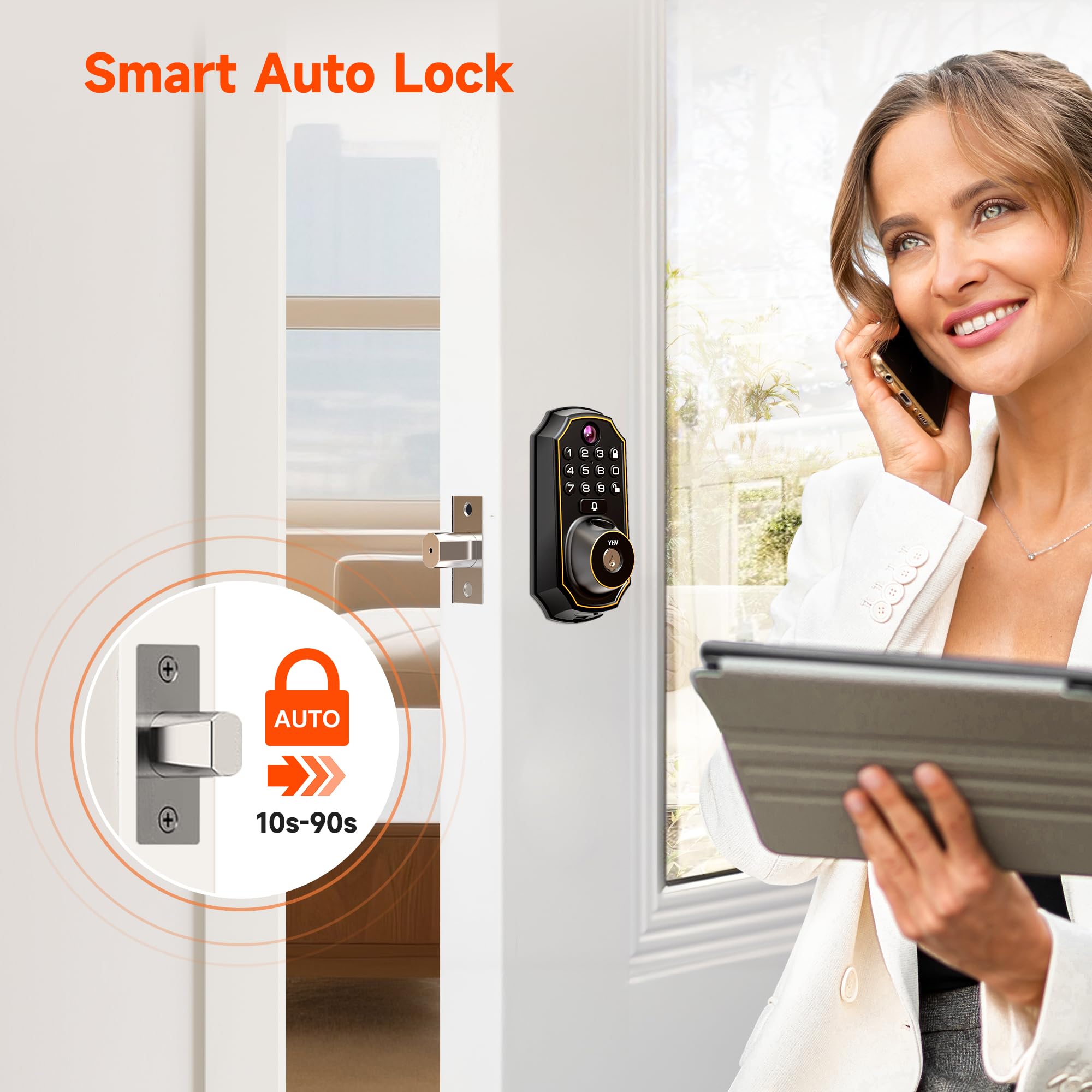 Keyless Entry Door Lock with Camera Electronic Smart Lock Fingerprint Keypad Deadbolt with Code, App Remote Control, Auto Unlock, Wi-Fi Connected, Doorbell for Front Door