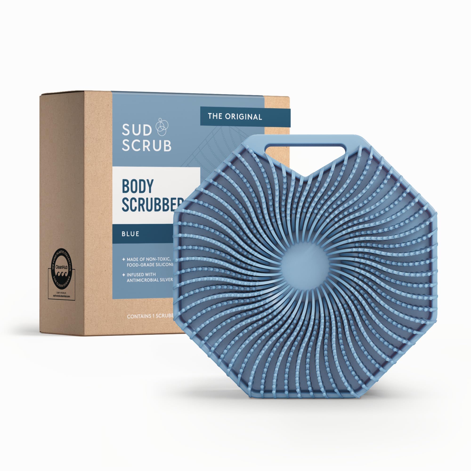 Sud Scrub® Antimicrobial Silicone Body Scrubber, Exfoliating Body Scrubber for Sensitive Skin, Eco Friendly Shower Scrubber for Body, Silicone Body Brush for Showering, Blue