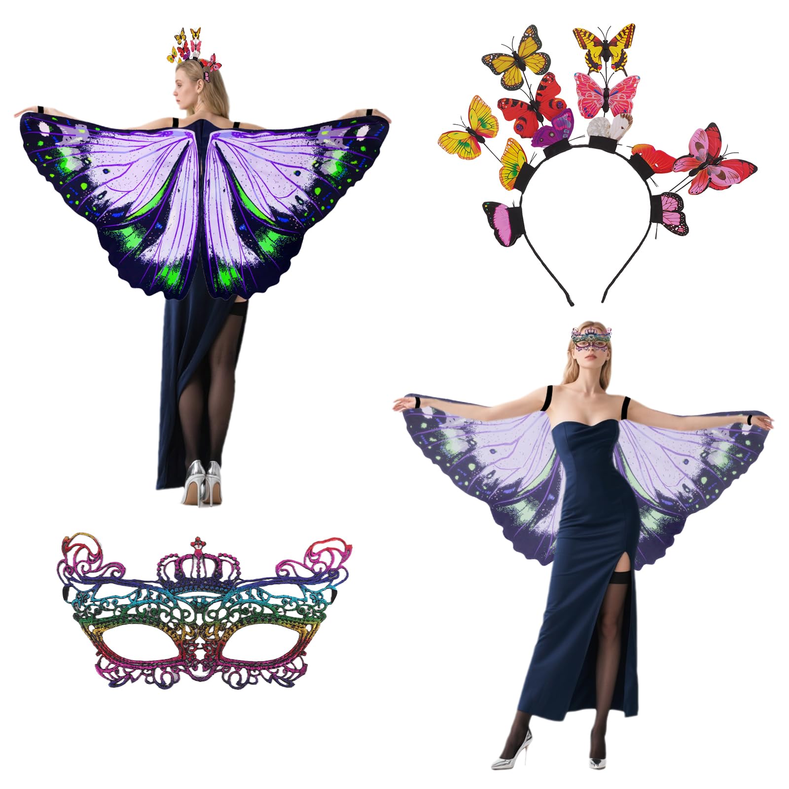 Sueving Butterfly Wings Cape for Adult, Butterfly Wings Shawl with Mask and Dimensional Butterfly Headband, Double Sided Fairy Wings for Halloween, Party, Cosplay, Dancing