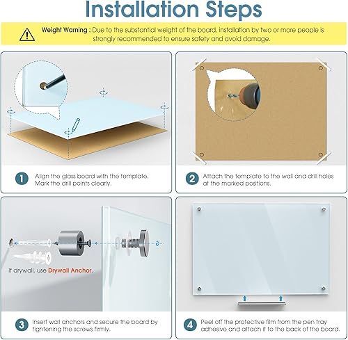 Miniatura 3 de MaxGear Pizarra blanca de vidrio de 48 x 36 pulgadas para montar en la pared, pizarra blanca magnética con 1 borrador, 1 bandeja de accesorios, 4