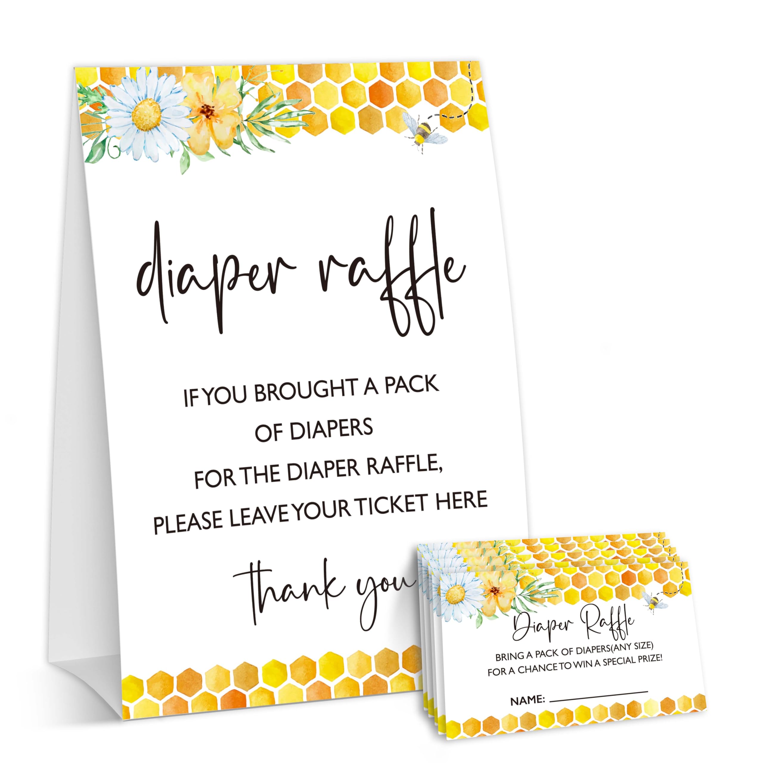 Bee Baby Shower Games, Honey Bumble Bee Diaper Raffle Tickets, Daisy Gender Reveal Party Decorations and Supplies, 1 Sign and 50 Cards-A09