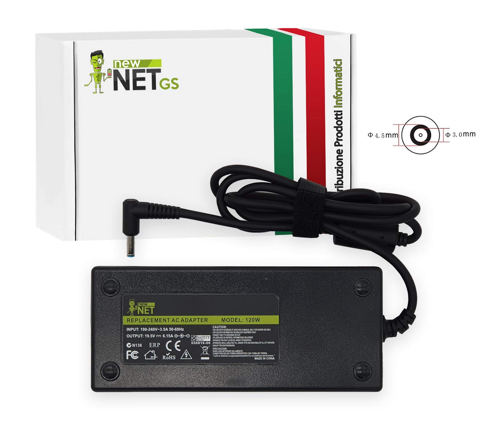 New Net - Alimentatore Caricatore Caricabatteria da 19.5V 6.15A 120W compatibile con Notebook HP 608426-001 609941-001 644699-003 645156-001 [4.5x3.0mm]