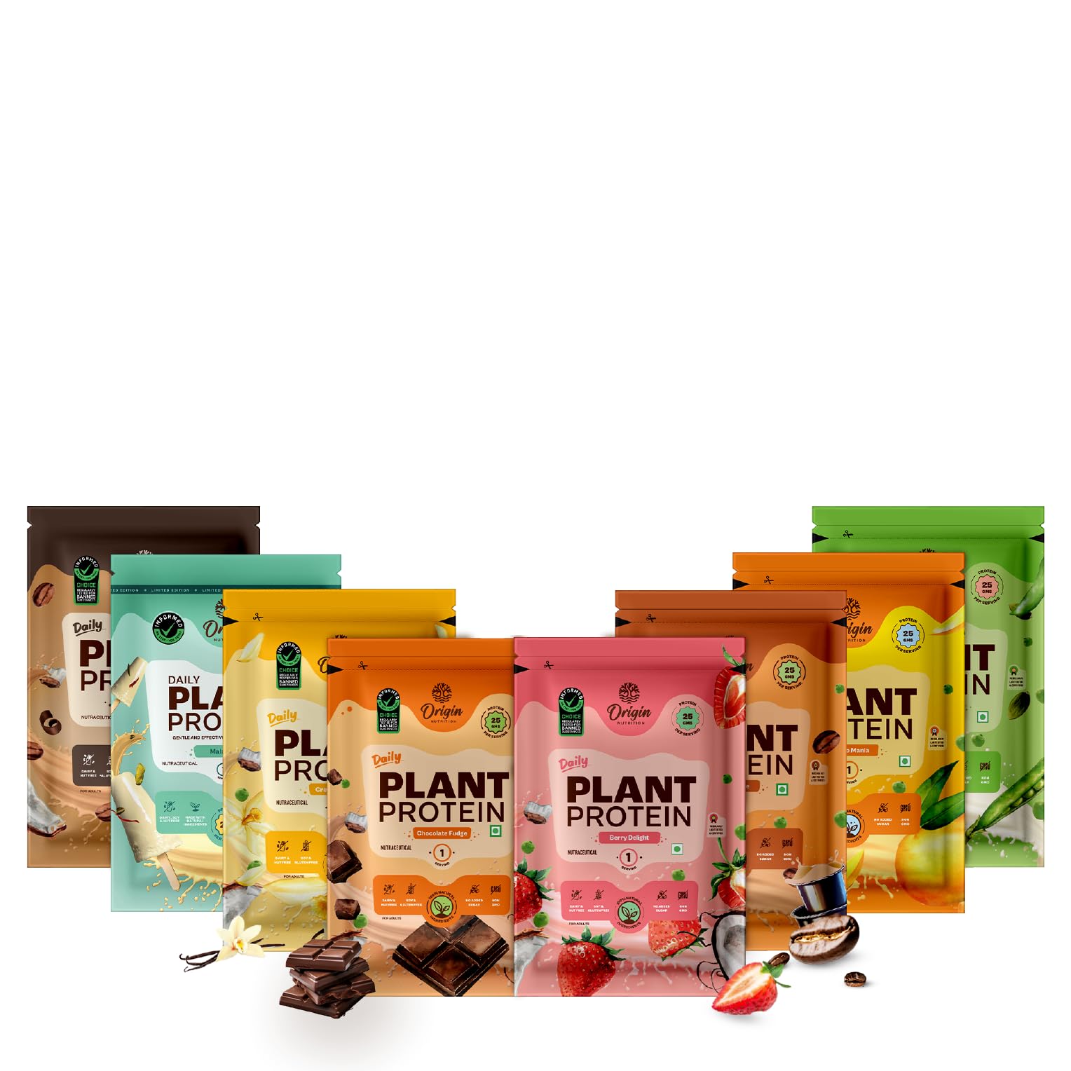 Origin Nutrition Plant Protein Powder | Trial Pack of 8 Flavours | 25g Pea Protein Isolate & Pumpkin Seed | 8 Sachets, 8 Servings | Vegan, Clean, Gut-Friendly for Men & Women