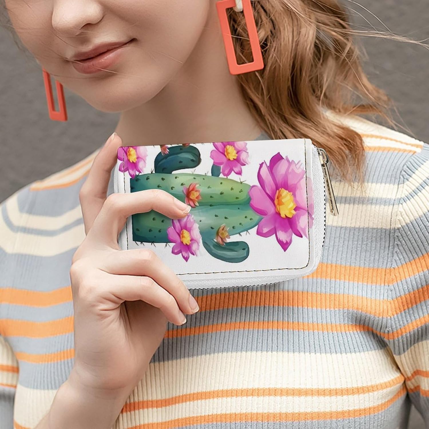 Leather Card Organizer Case Card Wallet Credit Card Holder Cactus Flower Printed Zipper Card Cases Holder for Women Men