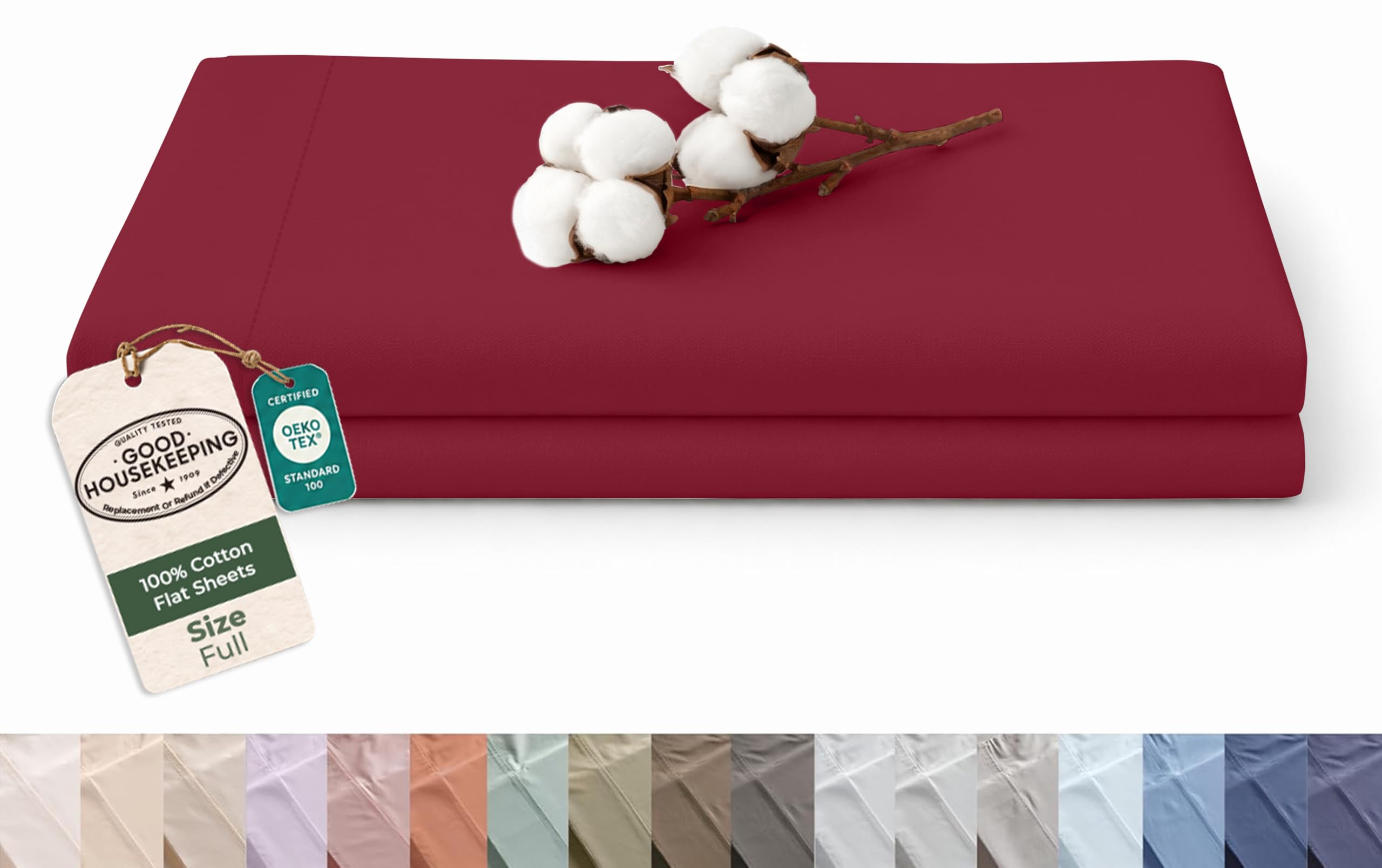 Royale Linens 100% Organic Cotton Full Size Flat Sheet Only - Percale Top Sheets - Full Flat Sheet Sold Separately - Lightweight &amp; Super Soft 100% Cotton Red Bed Sheets Only (81" x 96", Red)