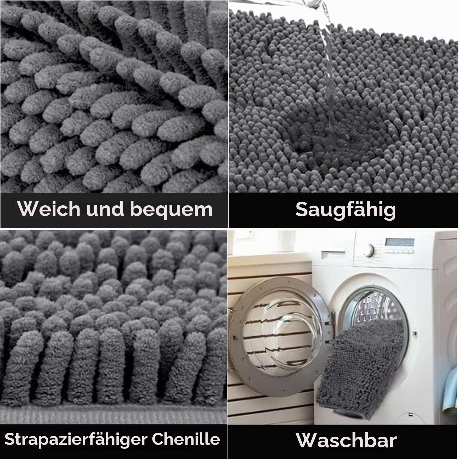 Saugfähige Chenille Fußmatte für den, rutschfeste Badematte, schlammiger Hund, waschbare Matte, schnell trocknende 60x150cm Grau