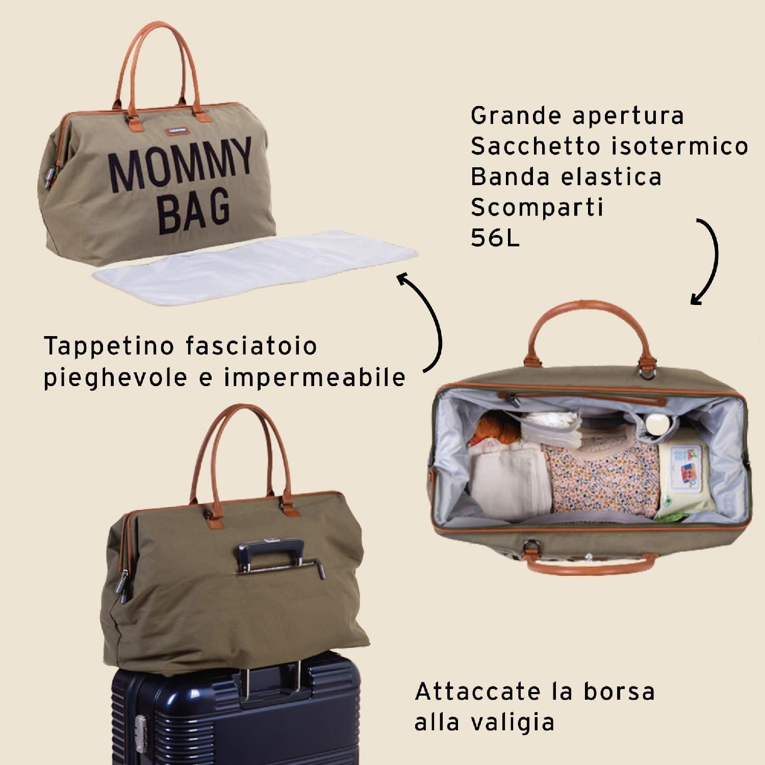 CHILDHOME Borsa per il cambio Maternità Grande capacità Tracolla regolabile Tasca isolata kaki