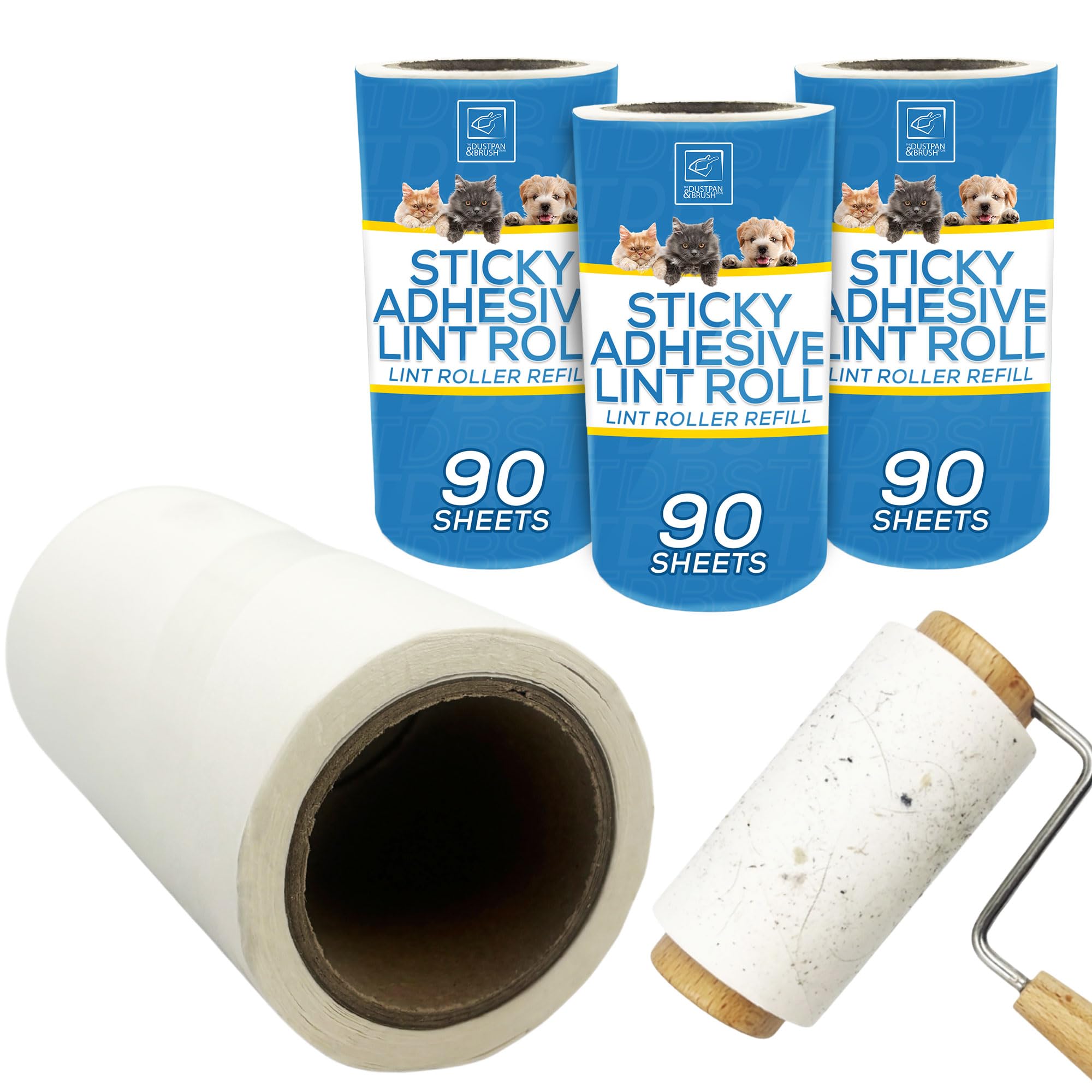 Lint Roller Refills - 90 Sheet Sticky Roll, Compatible with TDBS Lint Remover - Hair Rollers for Cats and Dogs Hair, Perfect Sticky Rolls for Upholstery, Carpet, Clothes (Roll Refills - Pack of 3)