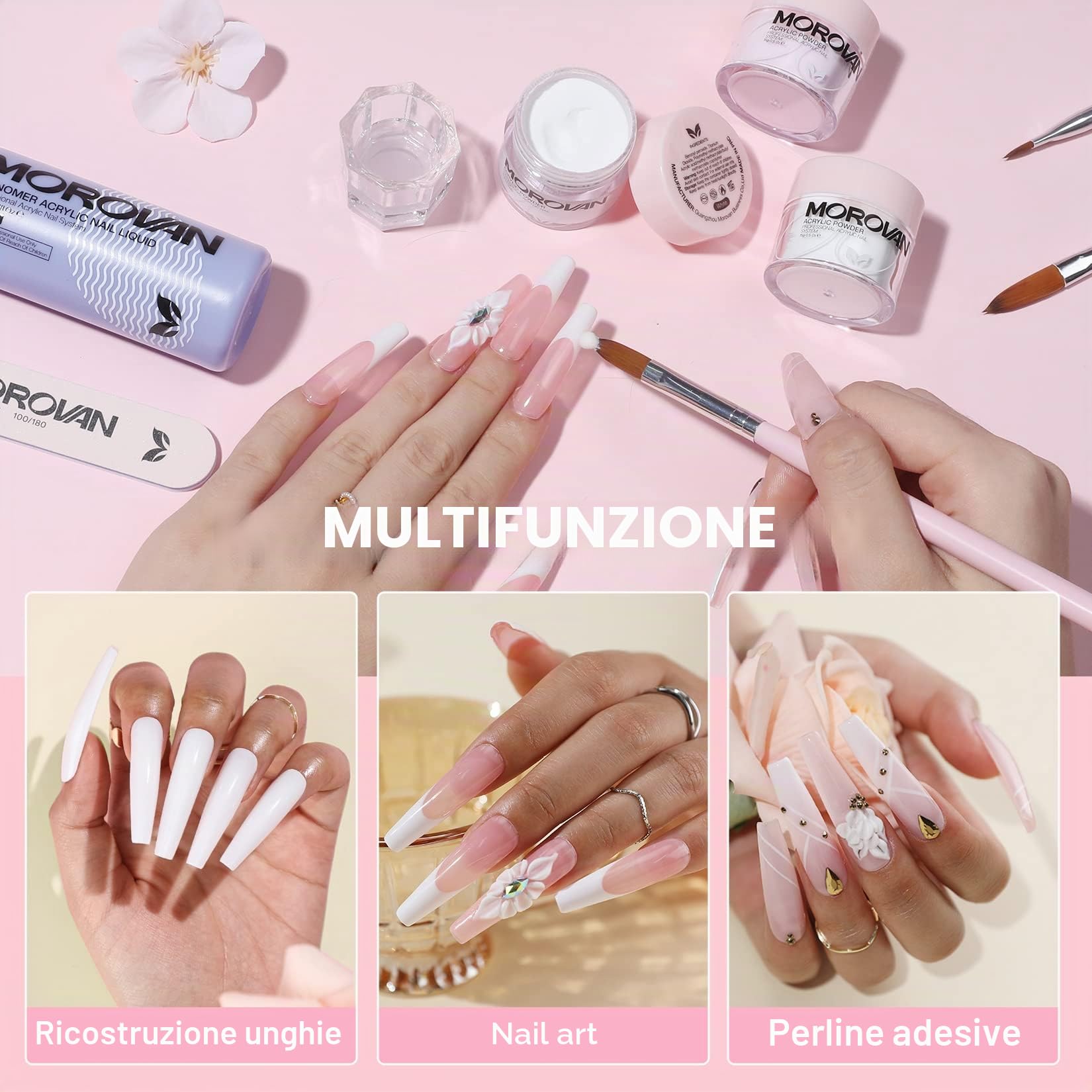 Morovan Polvere acrilica per unghie, 3 colori e 3 pennelli professionali, kit per principianti nail art