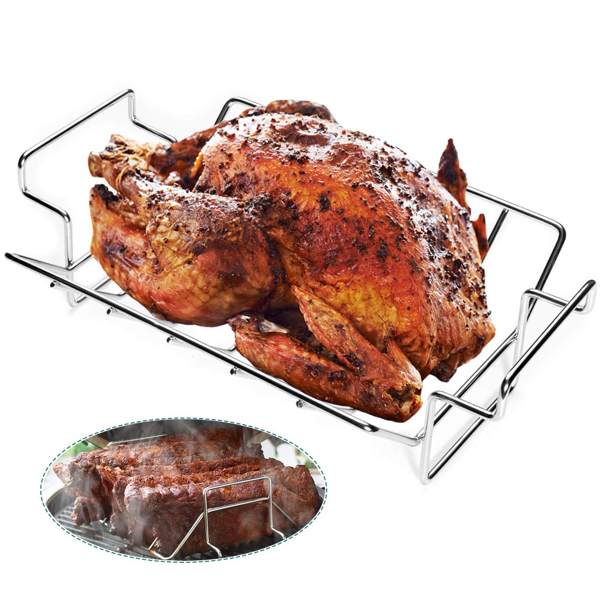 Rib and Roast Racks for Big Green Egg, Standing BBQ Rib Rack for Smoker or Kamado Grill - 3 in 1 Poultry Frying Rack Will Hold Up to 6 Cuts of Ribs, 1 Large Roast, or 1 Whole Poultry, Stainless Steel
