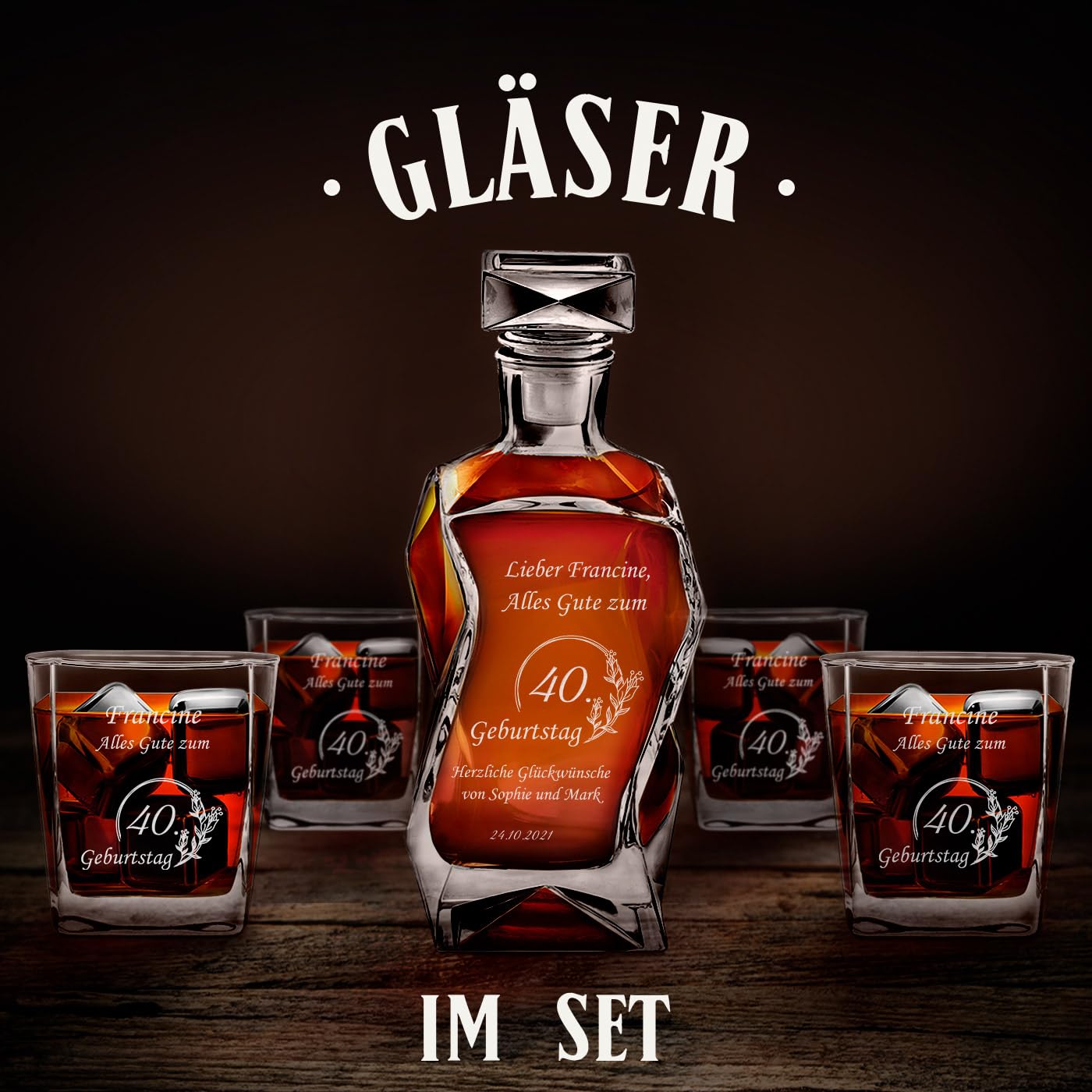 Maverton Whiskey Karaffe + 4 / 6er Whiskygläser Set mit Gravur - 700ml Whisky Dekanter - Geschenk zum Geburtstag für Männer - Weihnachtsgeschenke - Glückwünsche