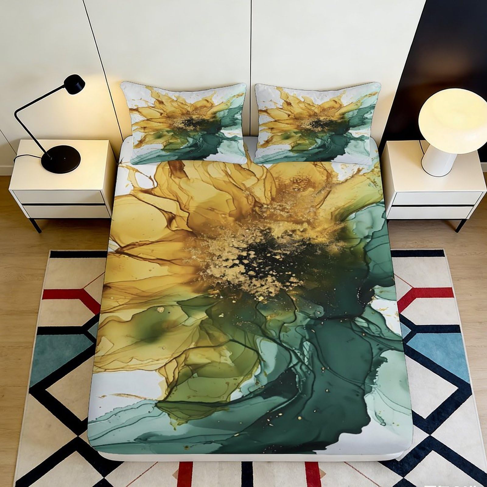 Pnayamiorkfel Style-6 3D Printed Sunflower Art Fitted Sheet Microfiber Deep Green Floral Bed Cover For Bedroom Guest Room Easy Care 90X200x25cm