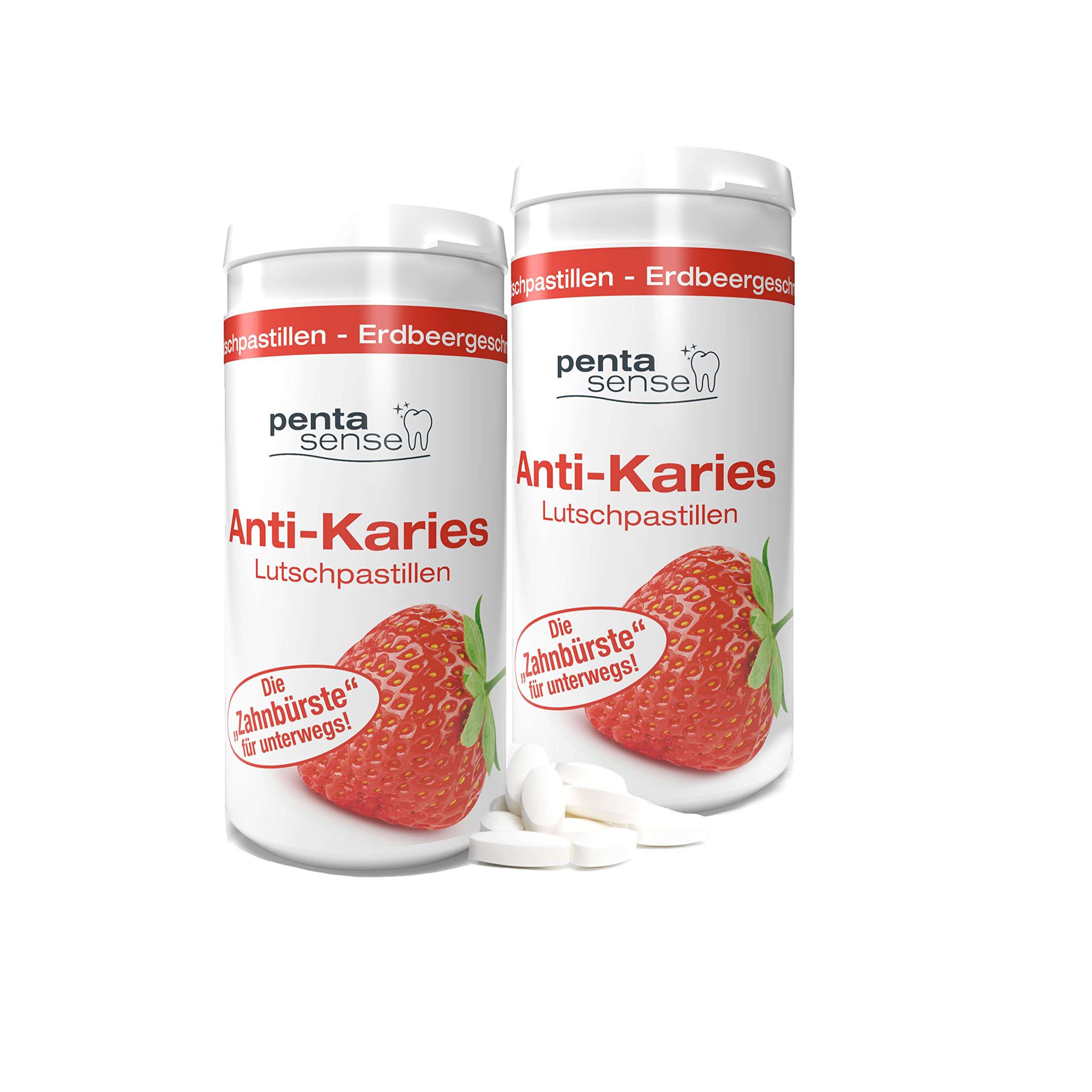 Penta-Sense PentaSense® - Xylit Anti Karies Lutschpastillen mit Erdbeergeschmack gegen Plaque und Säure helfen den Zahnschmelz zu bewahren - 2X 150 Stück