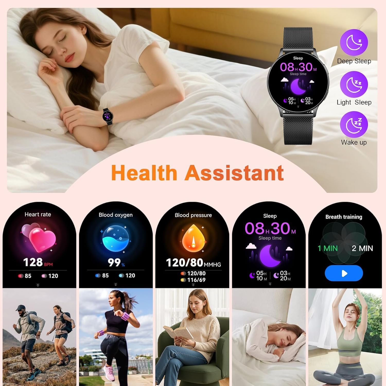 Montre Connectée Femme avec Appel Bluetooth, 1.32" Smartwatch avec Fréquence Cardiaque/SpO2/Sommeil Montre, 120+ Mode Sportifs Montre, IP68 étanche Fitness Podomètre Compatible pour Android iOS