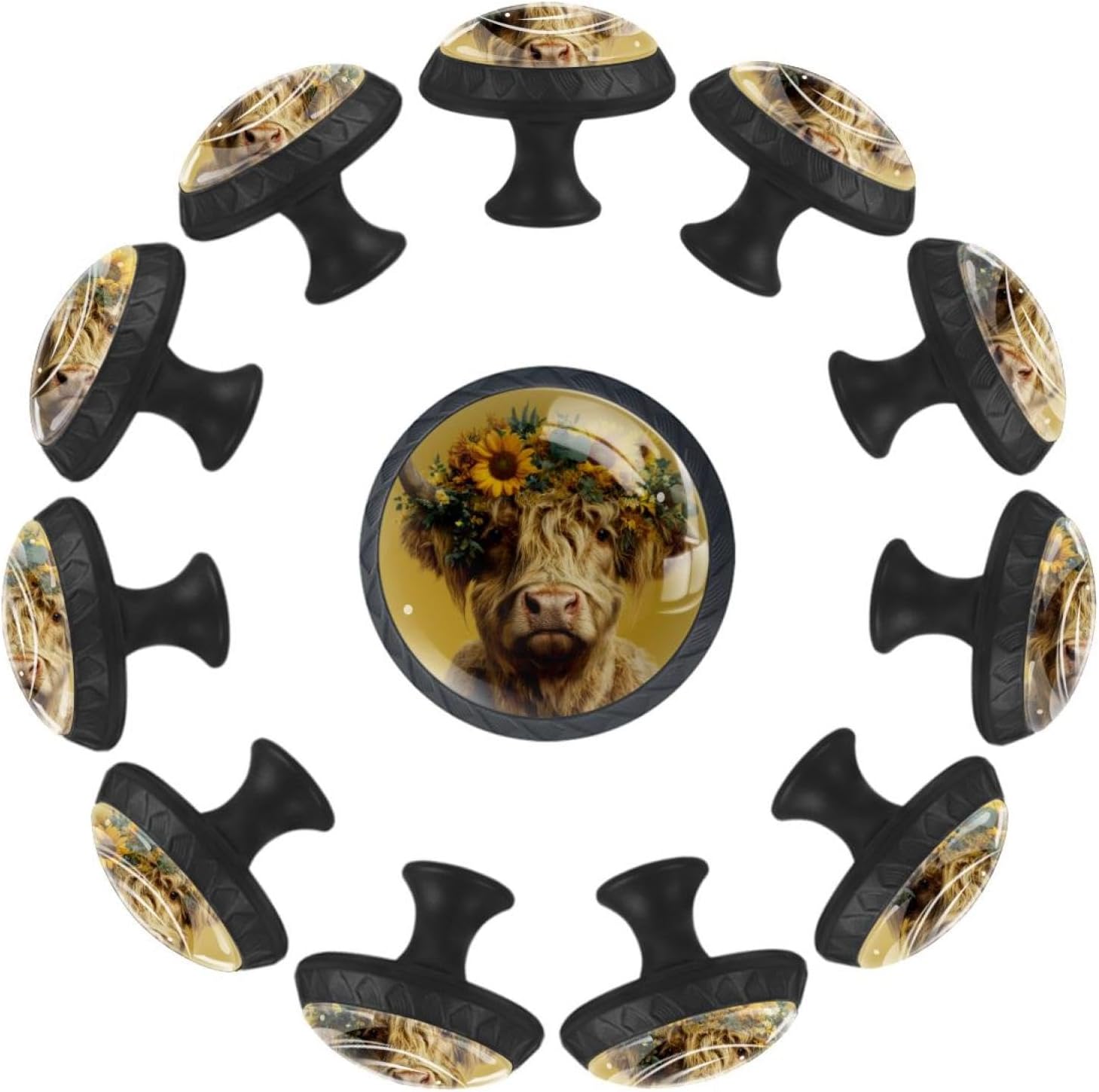 Highland Cow Sunflowers (1) Decorative Cabinet Knobs, Crystal Glass Drawer Knobs with Screws, Furniture Hardware for Kitchen Bathroom Dresser Cupboard Wardrobe