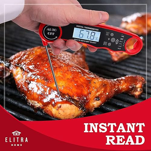 Miniatura 4 de Termómetro digital instantáneo impermeable para carne, súper rápido y preciso para cocinar, sonda plegable con luz de fondo, color rojo