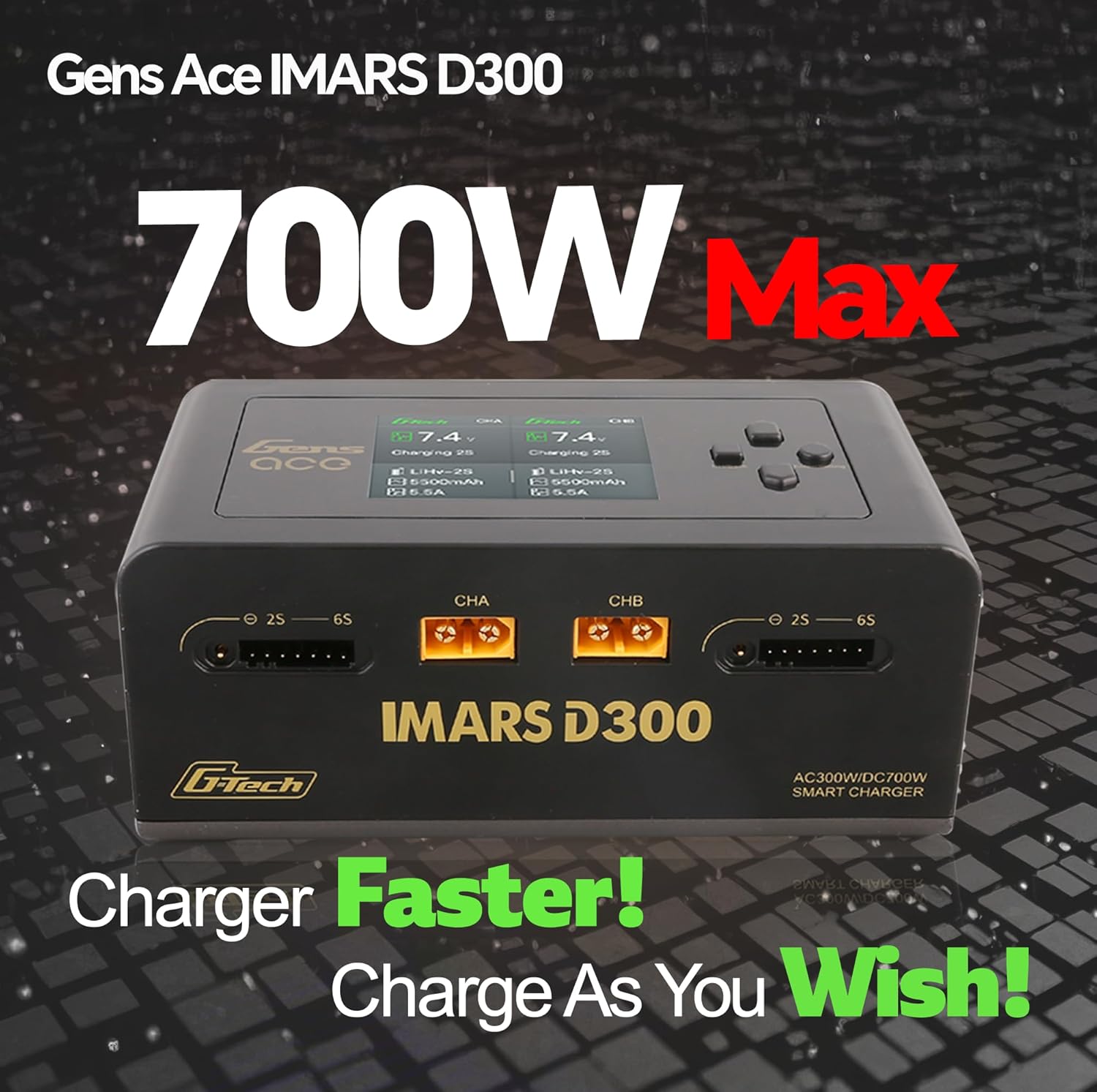 IMARS D300 Gens Ace Lipo Battery Charger G-Tech Series Smart Dual Lipo Balance Charger AC 300W DC 700W(350W*2) 16A Dual Channel Charger for 1s~6s Lipo Batteries, Life/NiCd/MH/LiHV, Plug&Play (Black)