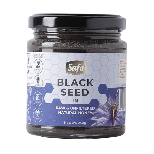 Safa Black Seed Honey Immune Booster Organic Honey Raw Unprocessed 100% Pure Natural Kalonji Honey Unheated with No Added Sugar or Preservatives | for Nurturing Growing Children and Adults Natural, Unpasteurized, 250g Glass Jar
