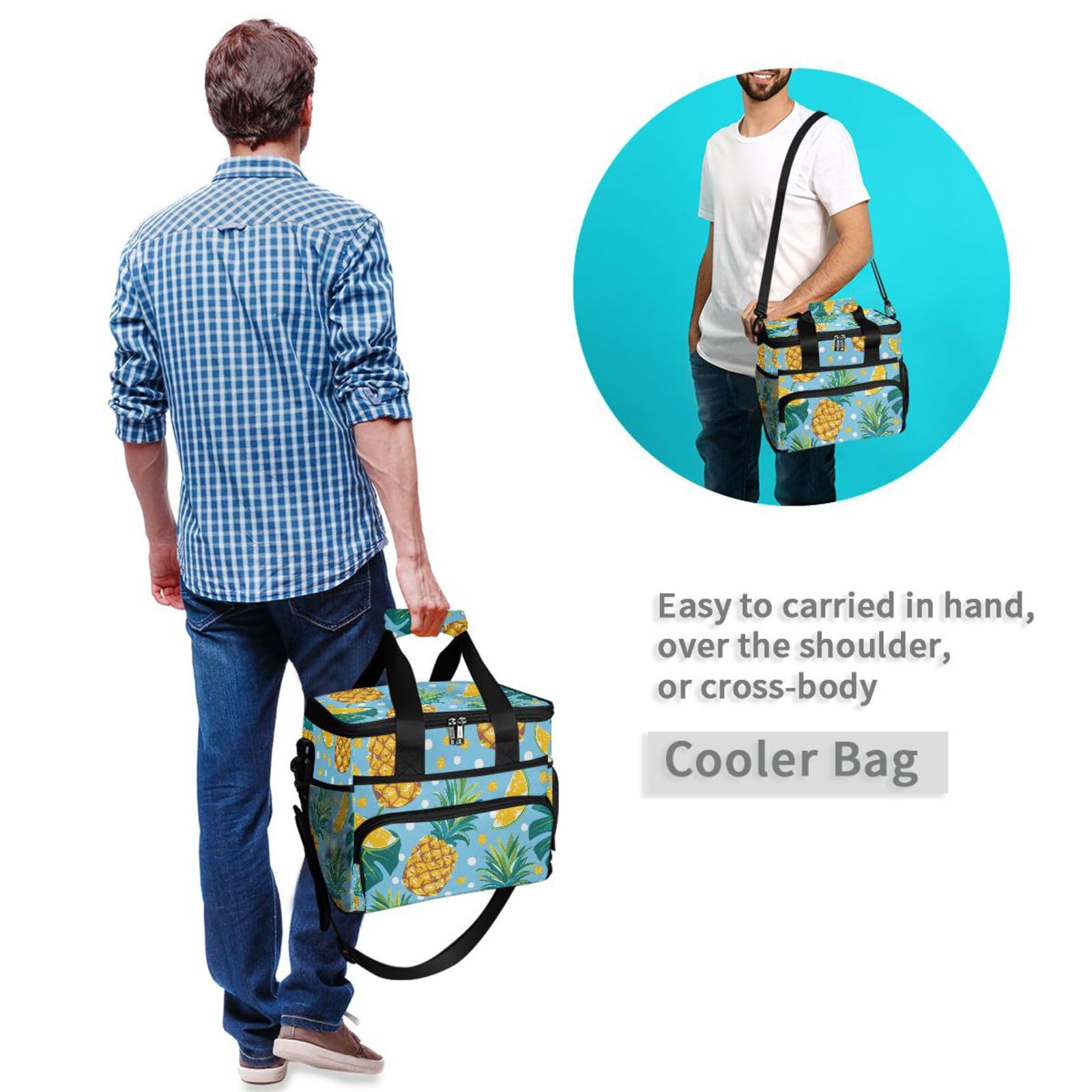 Bolsa térmica grande con diseño de hojas tropicales, lunares, piña, aislada, para picnic, 15 litros, 24 latas, impermeable, para adultos, hombres y mujeres