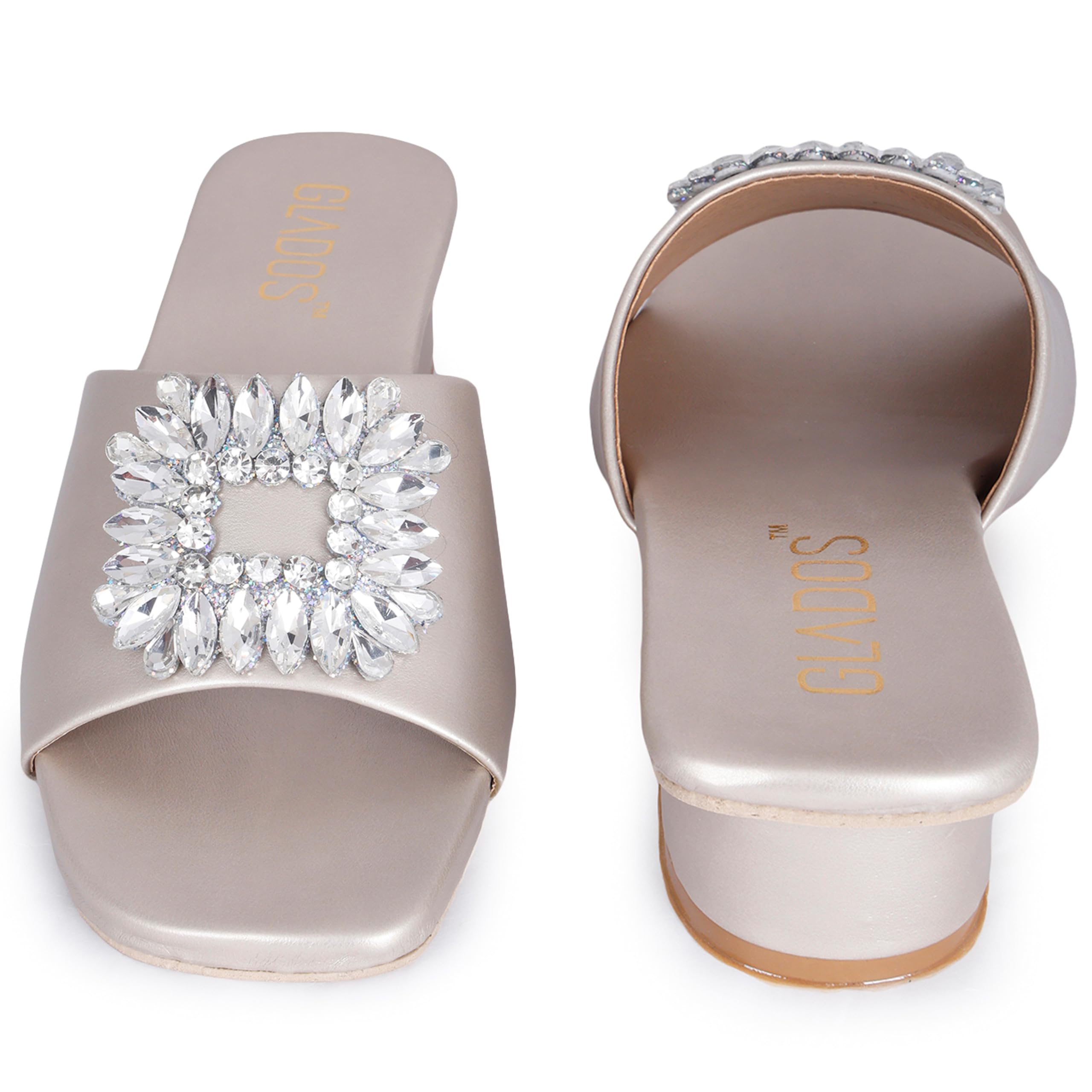 Glados Womens Trendy 1.5 inch Slip on Heel Sandals Embellished with a Crystal Buckle on Strap (B0D98NGR3S) Amazon Price History, Amazon Price Tracker